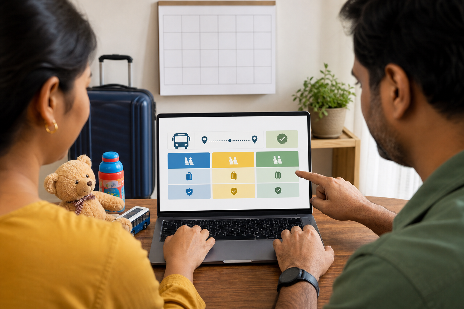 Two parents review a clearly organized bus-booking screen at home beside a packed suitcase and travel items.