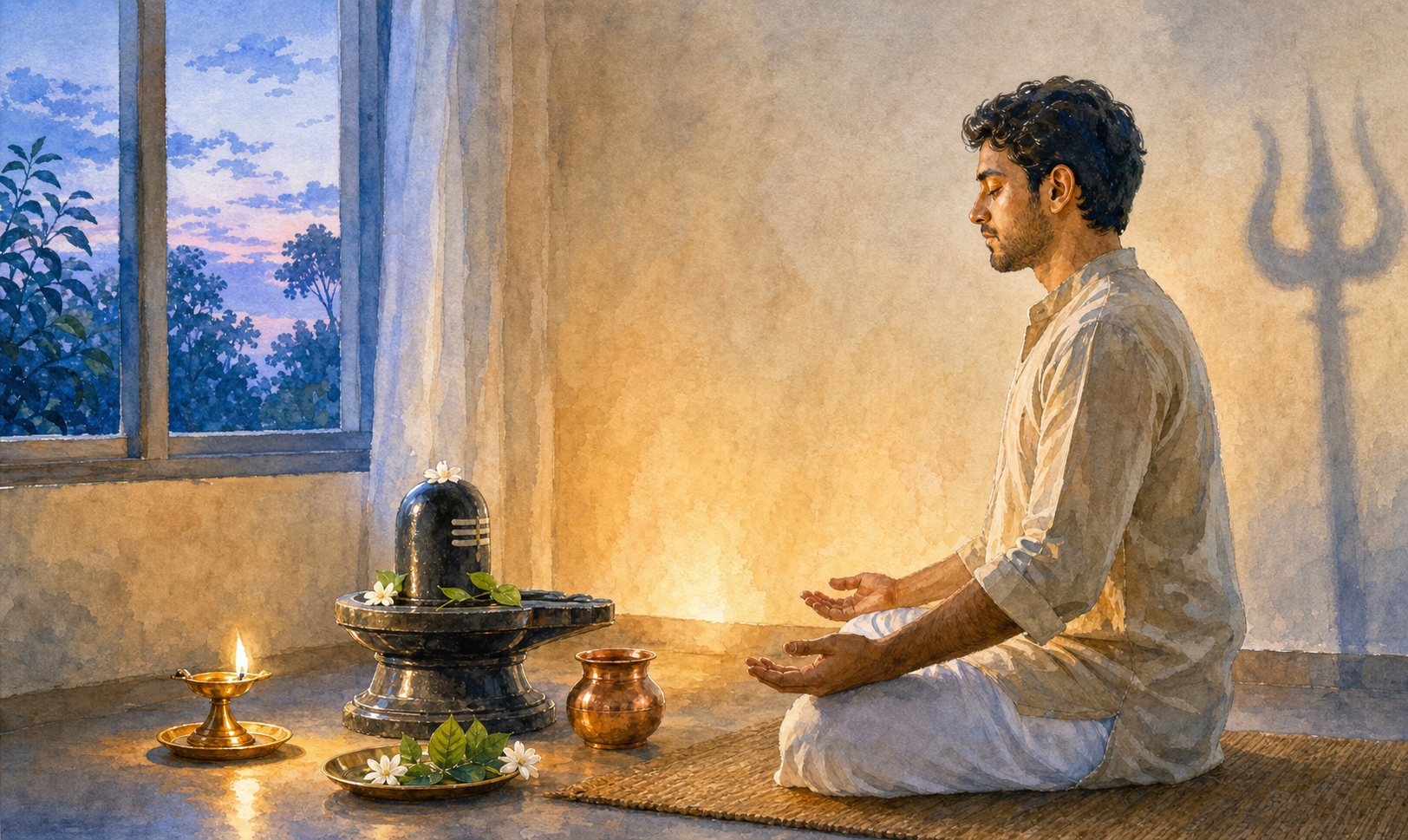 A seated practitioner meditates before a small Shiva lingam with an oil lamp, water vessel, bilva leaves, and white flowers.