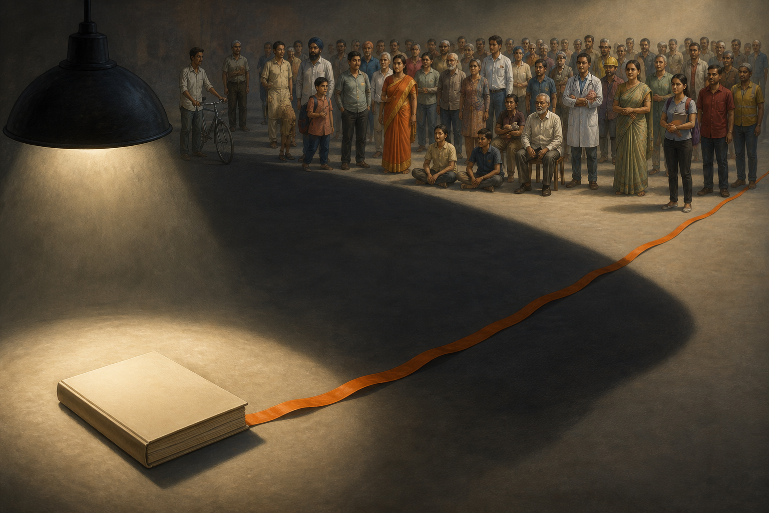 A small blank legal file casts a large shadow toward a diverse crowd while a saffron ribbon extends from shadow into light.
