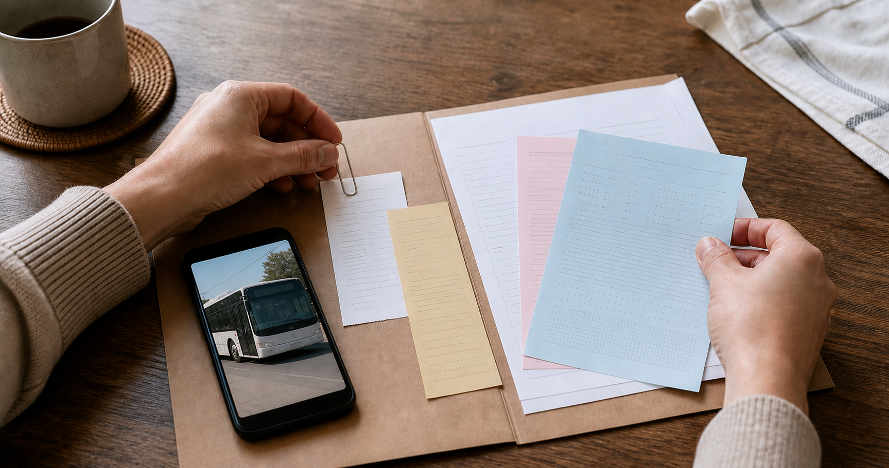 A traveler organizes a bus ticket, payment slip, phone photo, and supporting papers in a complaint folder.