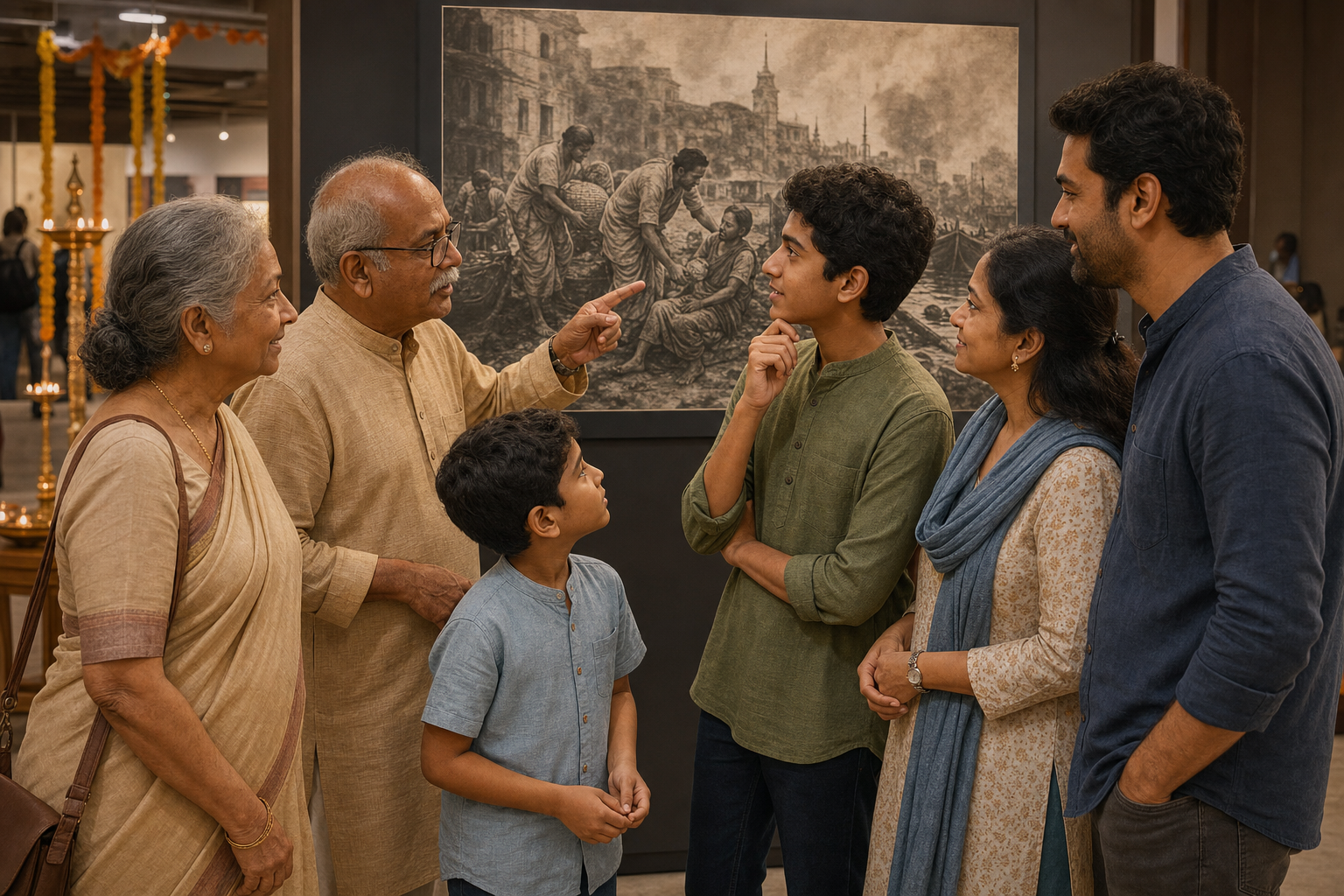 Three generations of a family discuss an image-only historical exhibit in a hall decorated with lamps and marigold flowers.