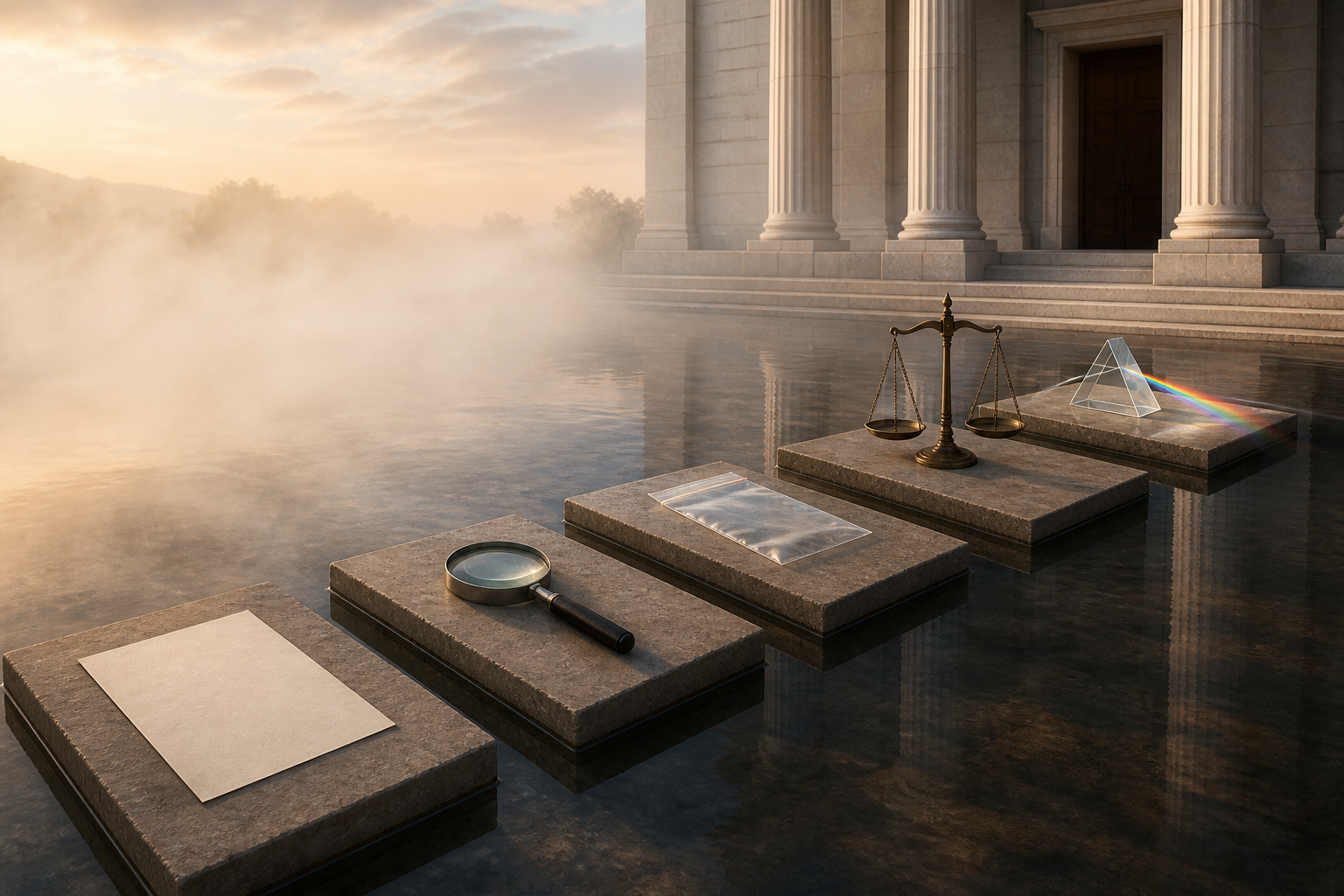 Five stone platforms bearing a blank document, magnifying glass, evidence pouch, balance scale, and glass prism lead toward a courthouse doorway.