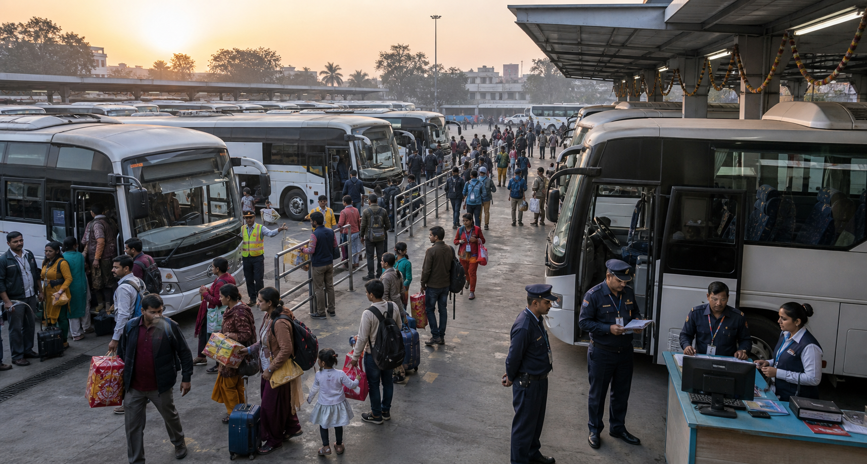 Passengers board several buses in orderly terminal lanes while transport inspectors check operations nearby.