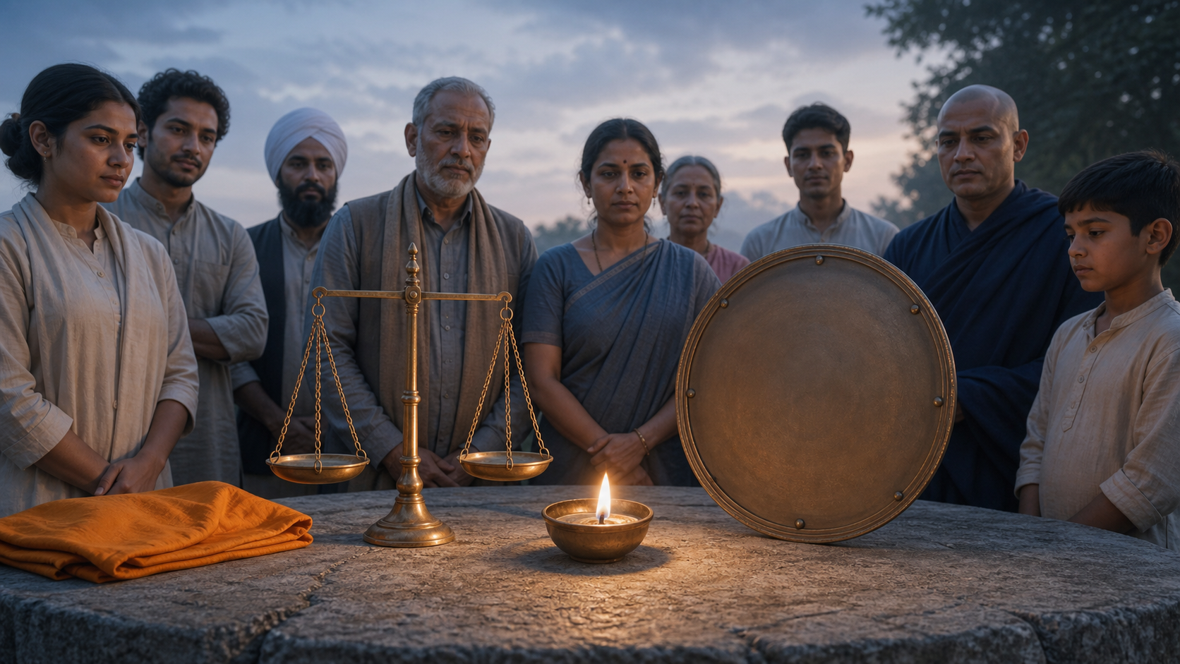 A lit oil lamp, balanced scale, and plain shield stand before a calm semicircle of people at dawn.