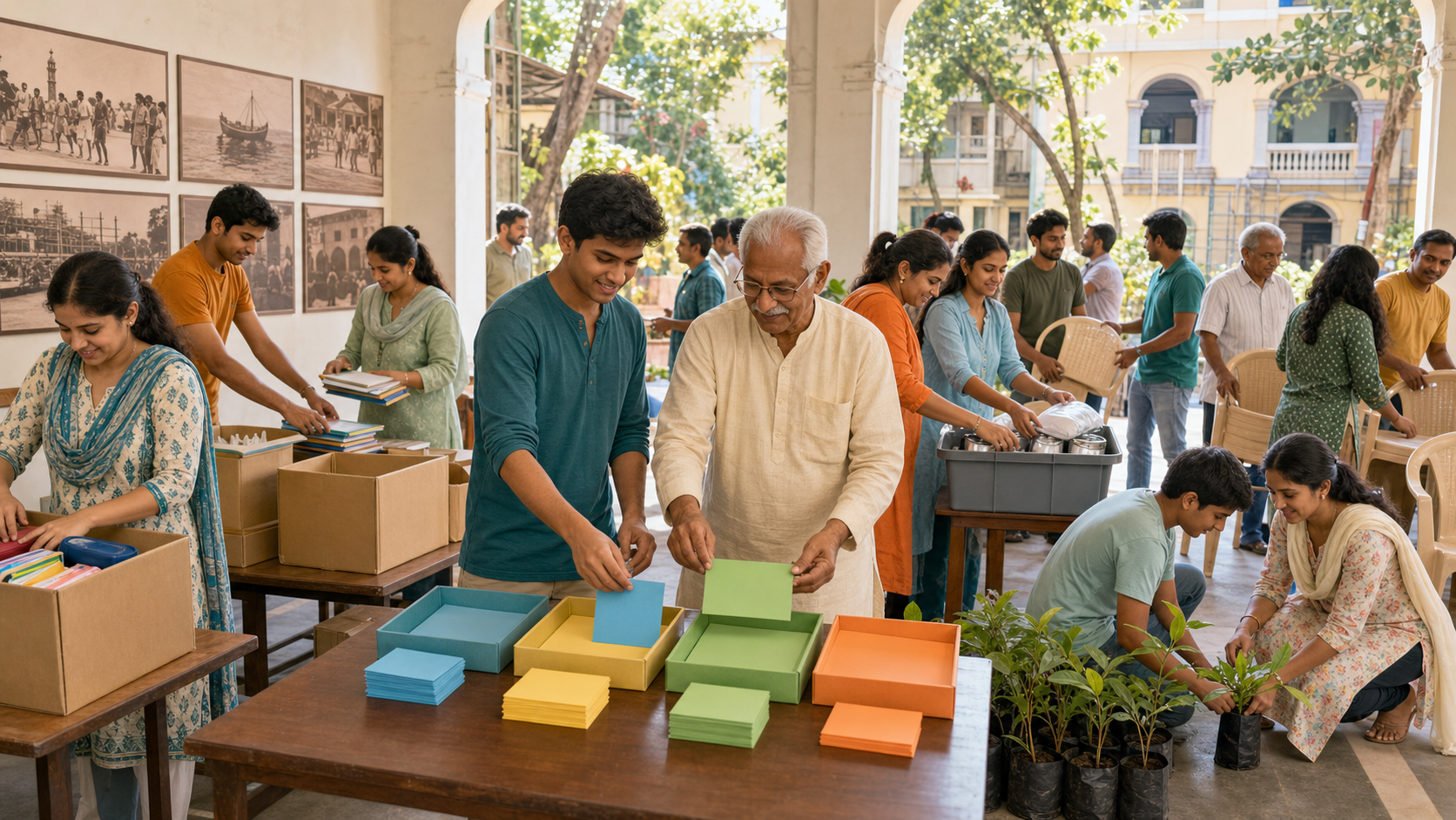 Community members beside a history exhibition prepare school supplies, emergency kits, saplings, and a youth meeting area as practical follow-up activities.