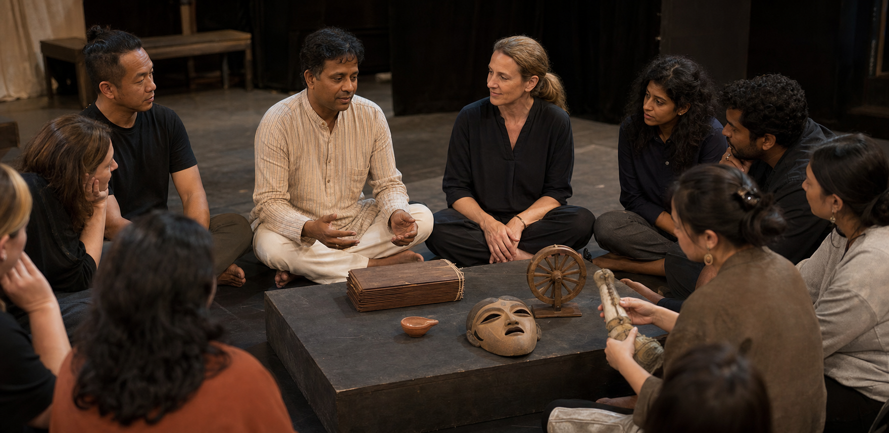 Adult attendees listen to a tradition-bearer and theatre facilitator beside source materials and stage objects in a workshop.
