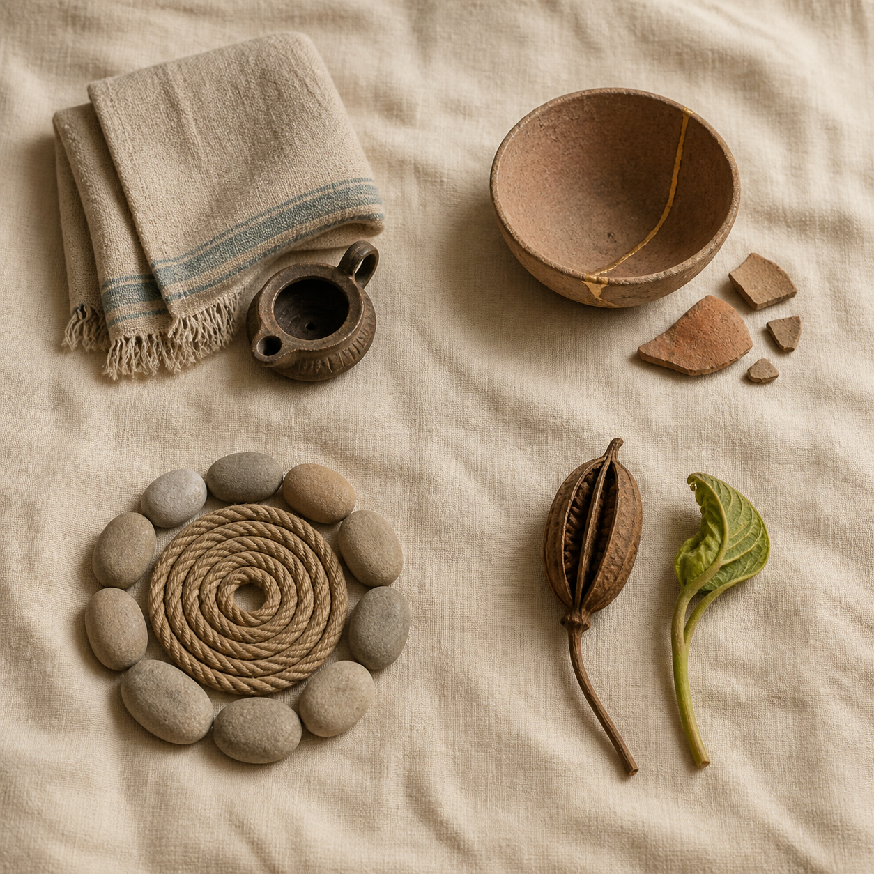 Four still-life groupings show an empty shawl and lamp, a repaired clay bowl, a coiled cord within stones, and a seedpod beside a new leaf.