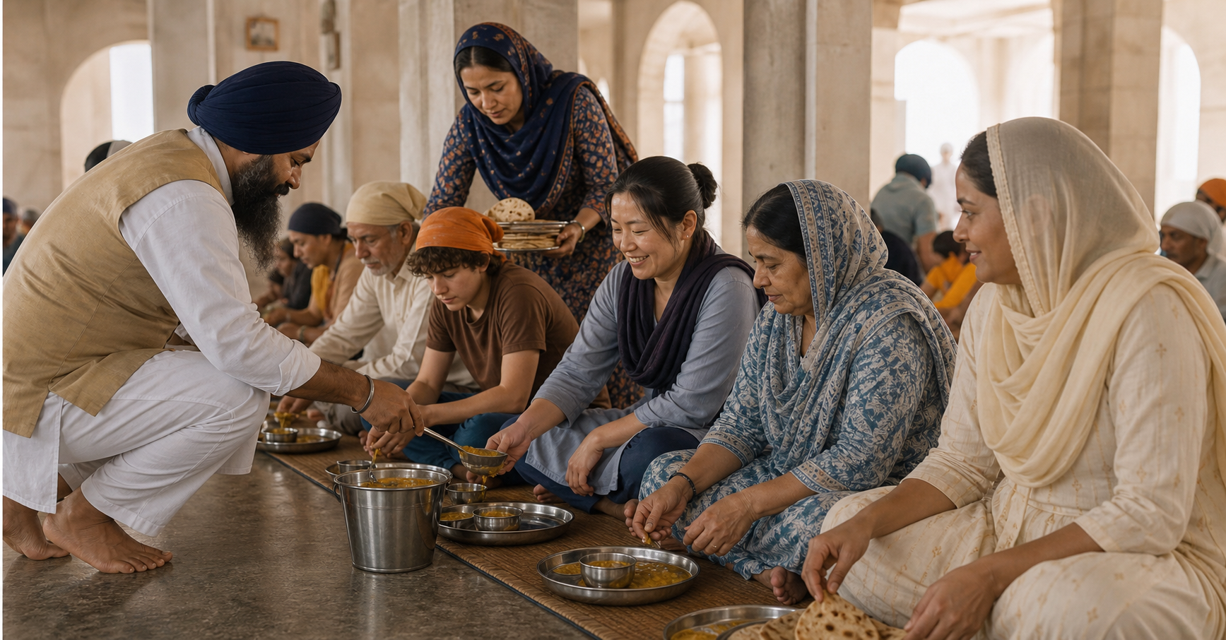 Volunteers serve a shared vegetarian meal to a diverse row of people seated together on the floor of a langar hall.