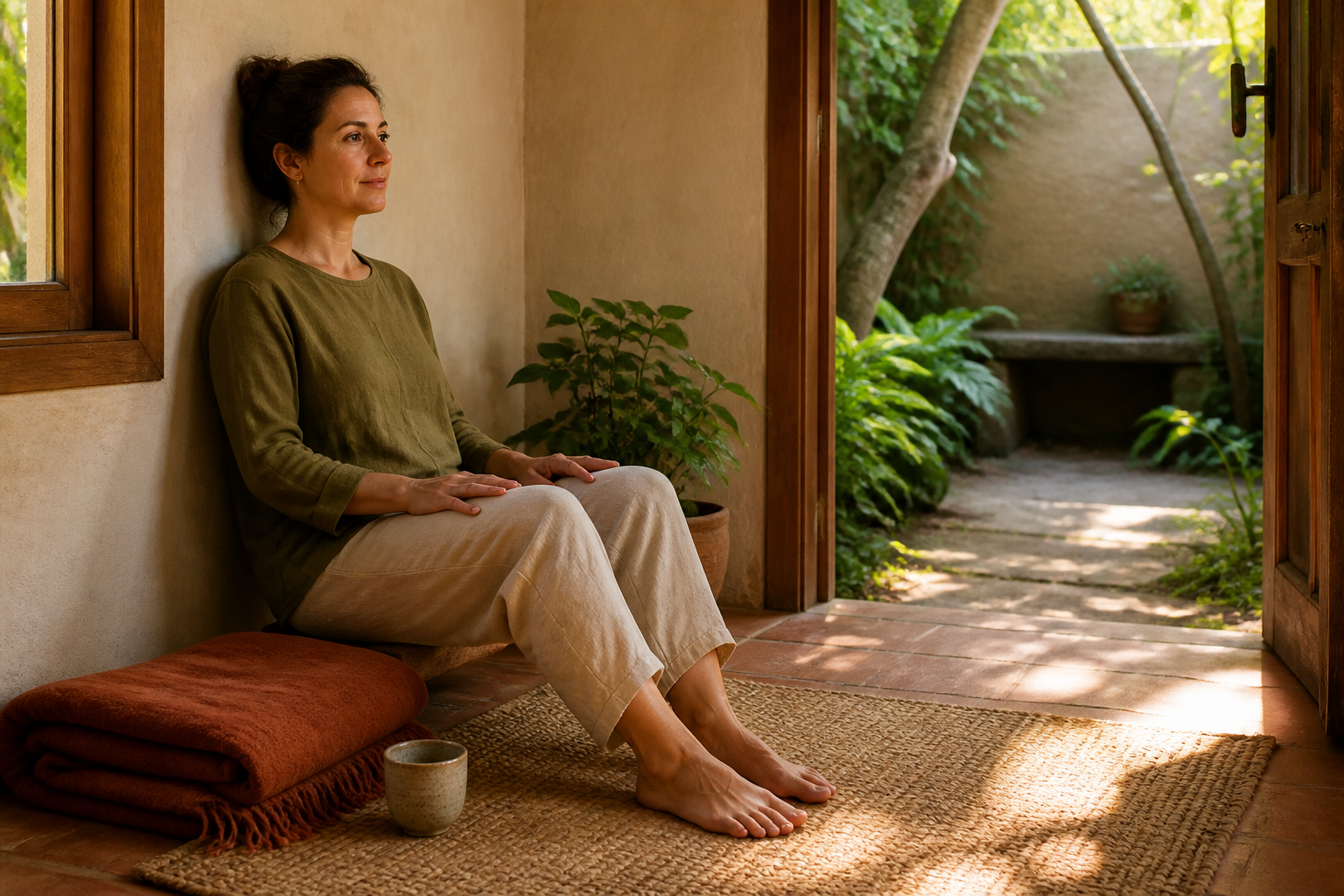 An adult sits with their back supported and feet grounded in a warm room beside a window, blanket, cup, and plant.