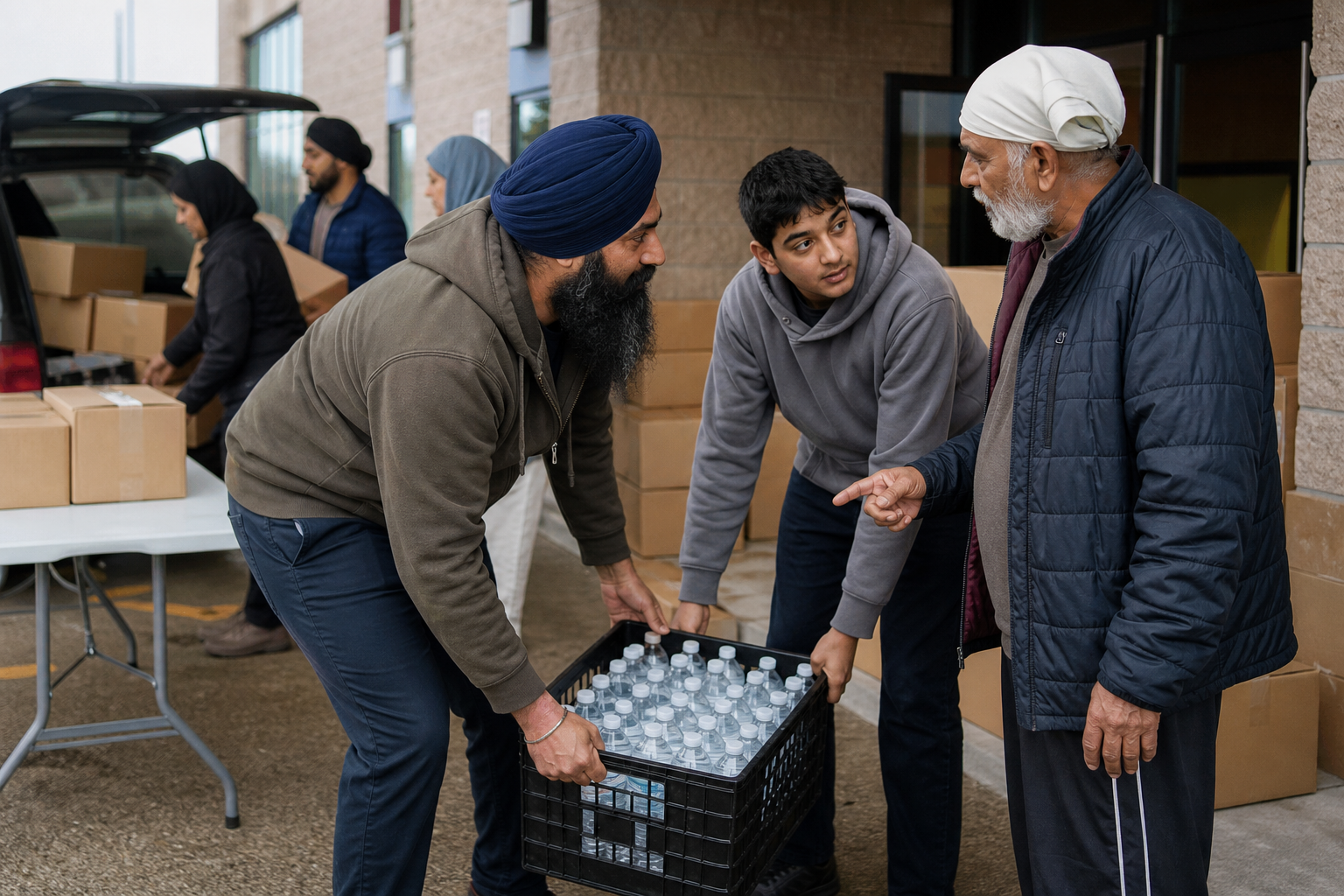 A turbaned Sikh volunteer lifts a water crate with a teammate while listening to an older volunteer at a relief supply site.