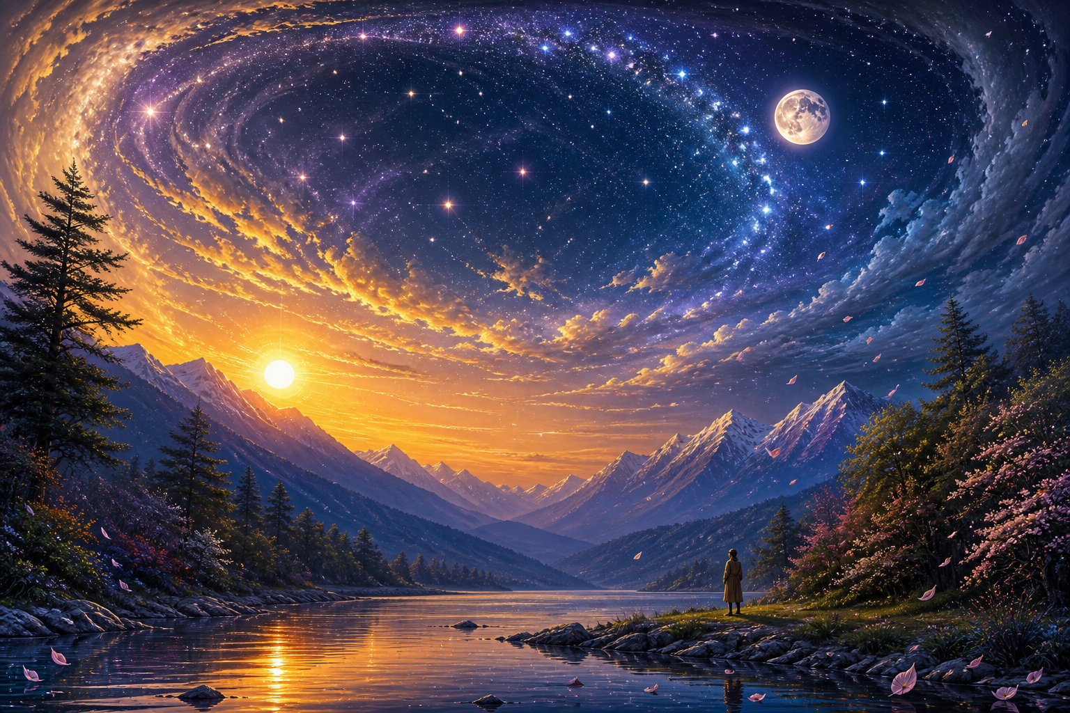 A small devotee stands beside a river beneath a twilight sky filled with the sun, moon, stars, windblown trees, and drifting flower petals.