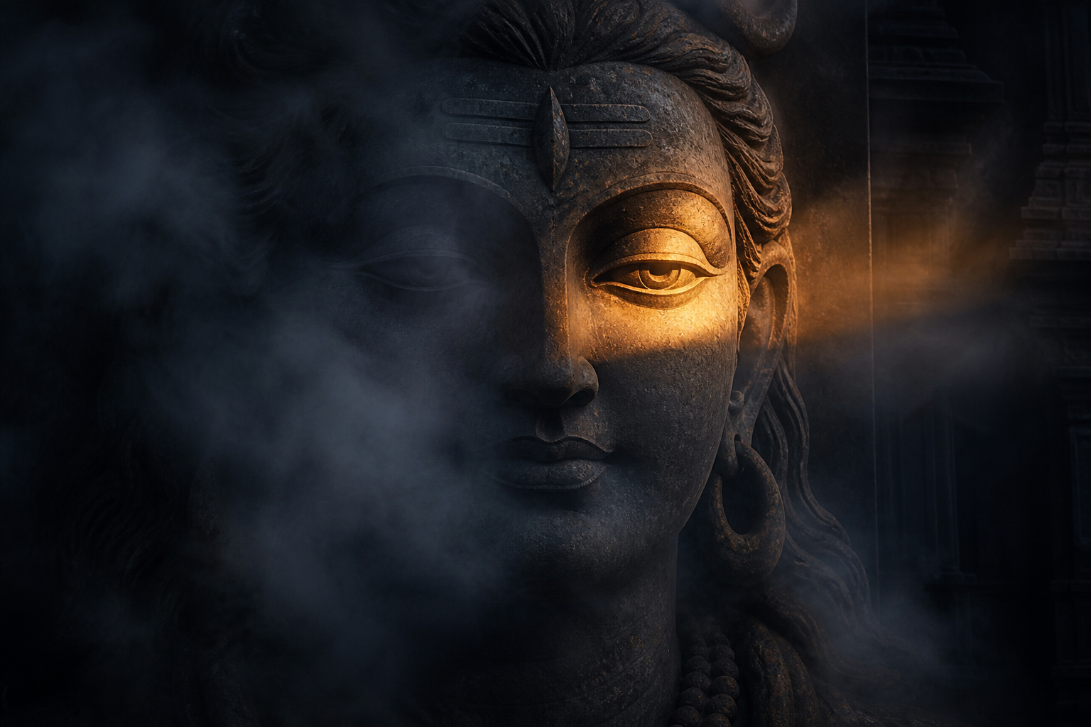 Golden sunrise light reaches the eye of a serene stone face of Shiva while blue-gray mist partially veils the carving.