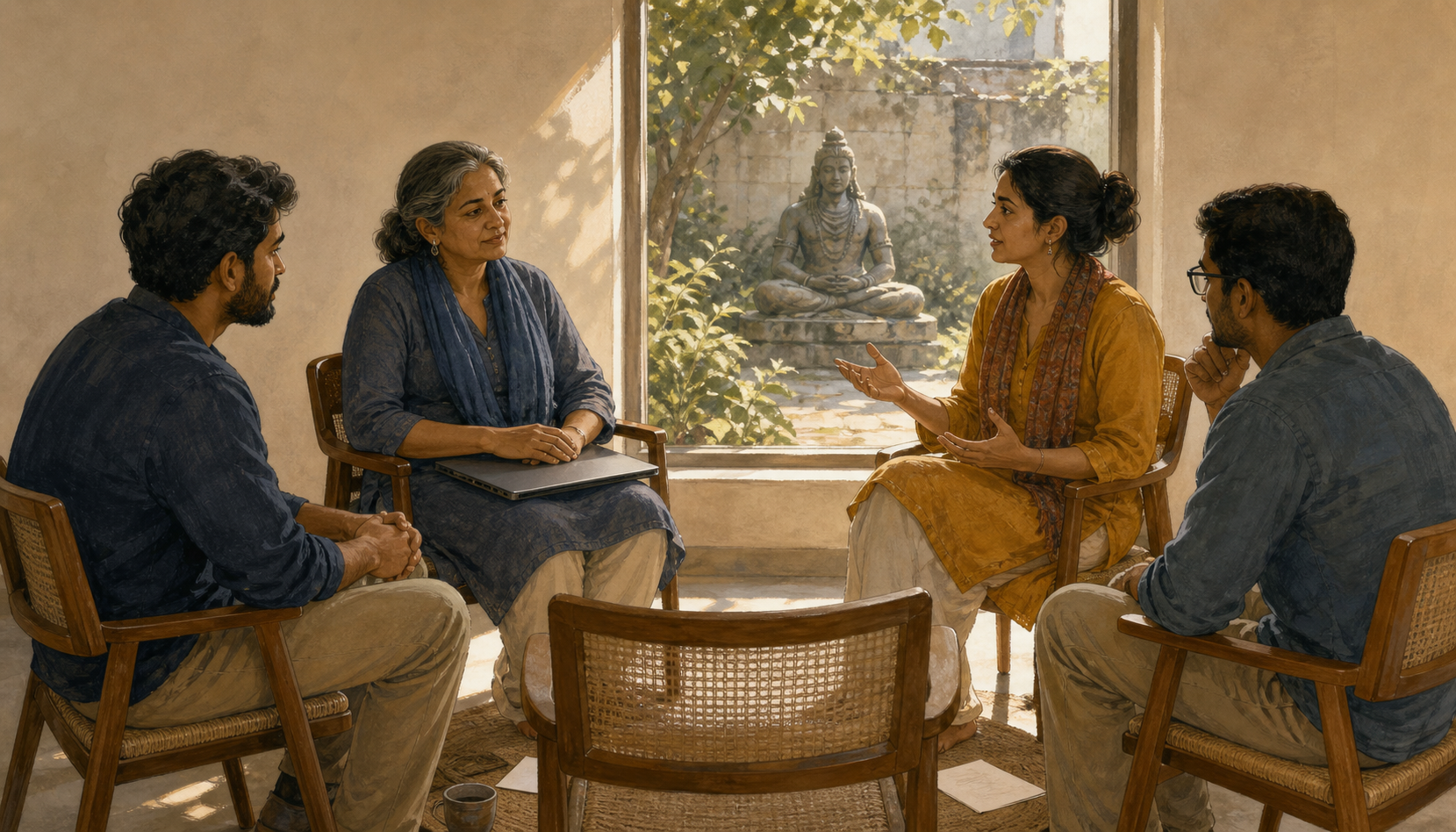 A leader listens to three colleagues seated in a circle while a small meditating Shiva sculpture stands in the courtyard outside.