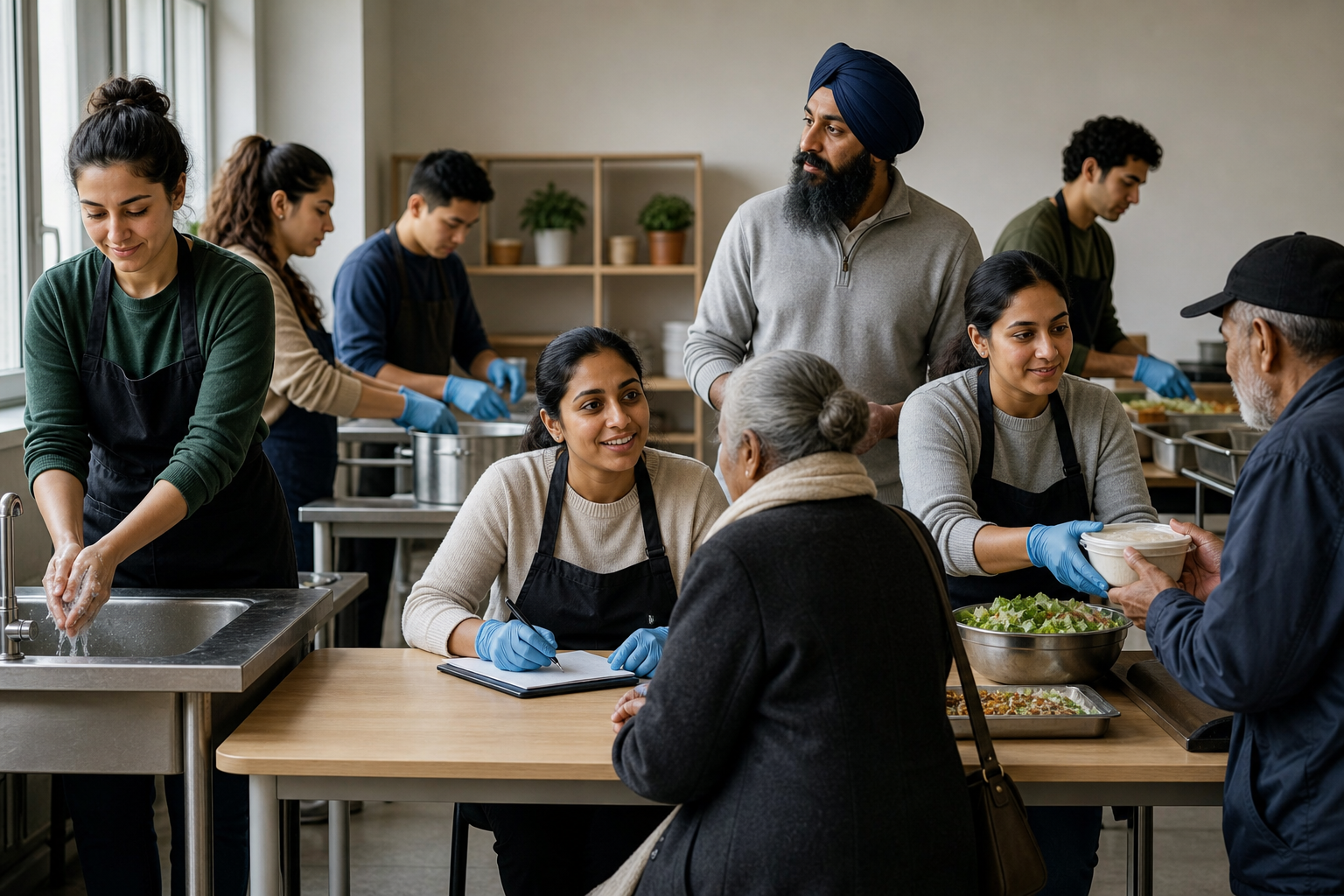 Volunteers prepare and distribute meals at organized stations while a Sikh coordinator checks on a team member and a guest.