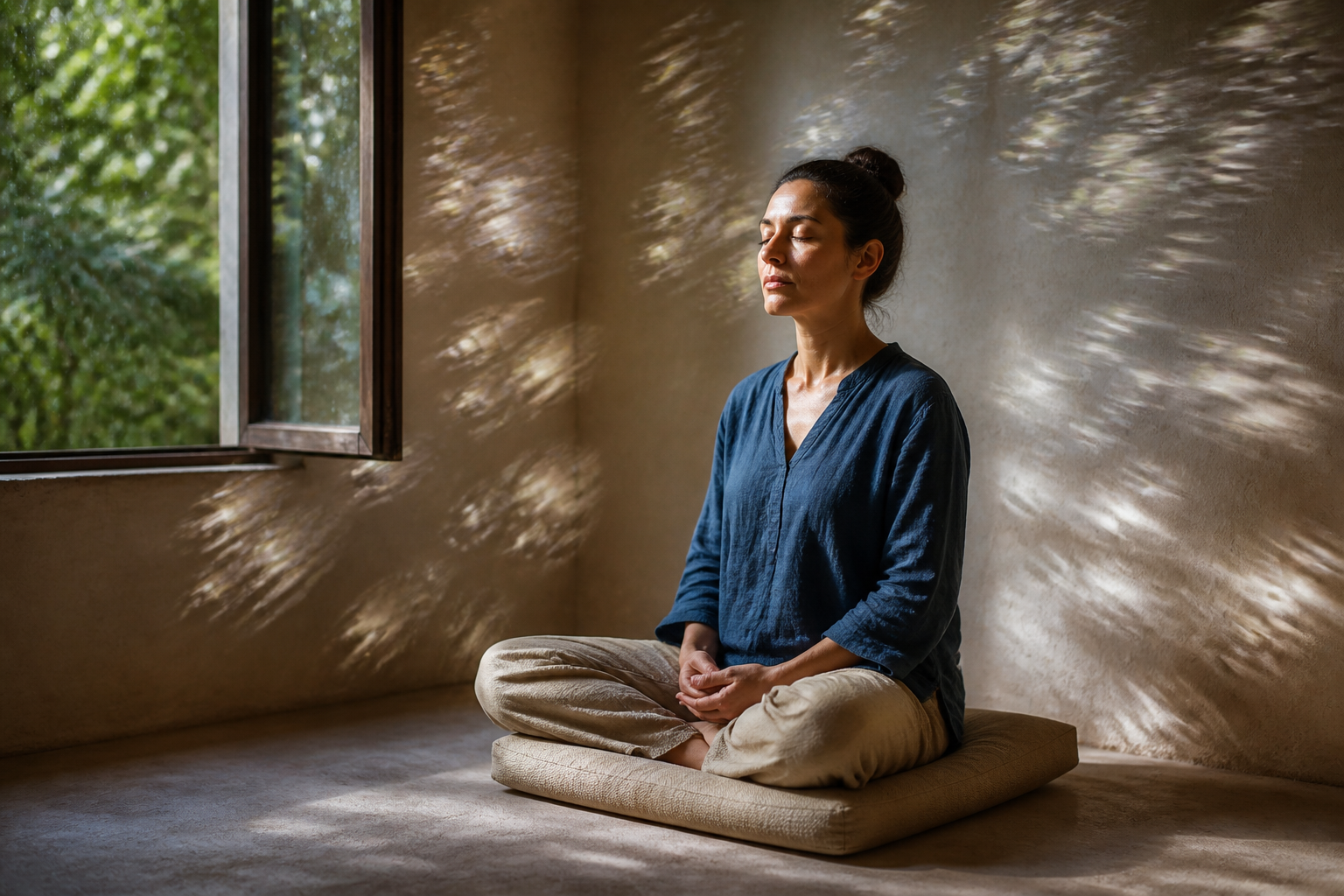 A person meditates in a simple room as moving rain and leaf shadows surround them in a clear beam of morning light.