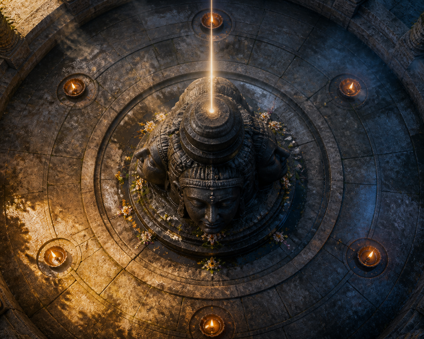 An overhead view shows a five-faced Shivalinga in a circular stone shrine, with distinct light and shadow conditions surrounding its directional faces.