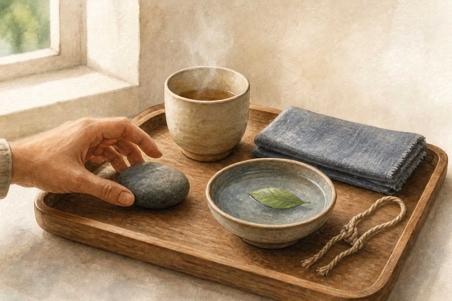 A hand reaches toward a smooth stone on a tray holding a warm cup, folded cloth, bowl of water, leaf, and loosened cord.