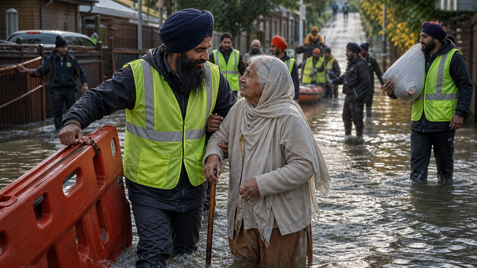 A Sikh relief volunteer supports an older resident while a coordinated team guides families through shallow floodwater.