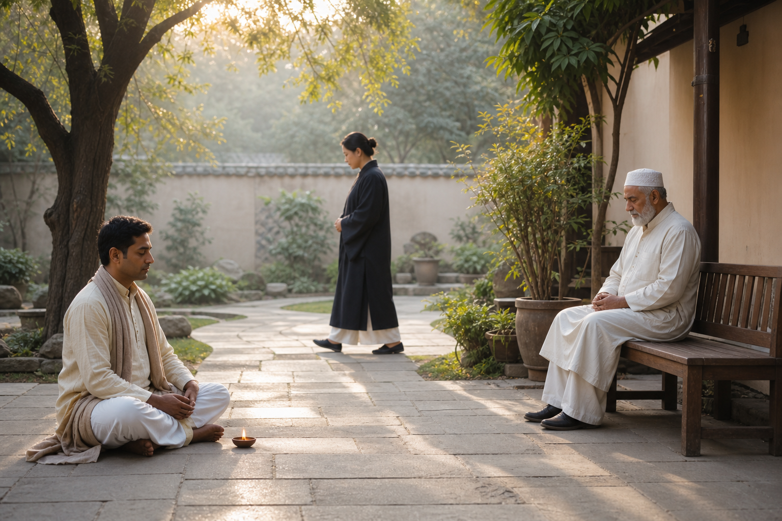 Three adults in different clothing traditions contemplate separately in a shared garden courtyard, using seated, prayerful, and walking practices.
