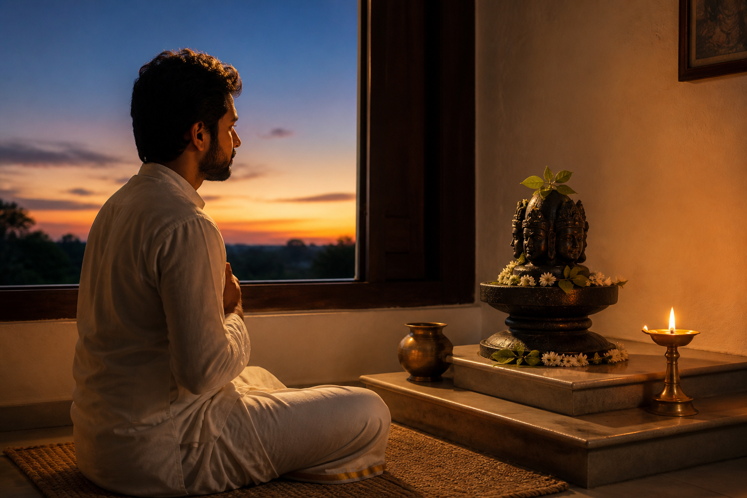 A seated practitioner faces a small five-faced Shivalinga at dawn beside an oil lamp, water vessel, and fresh bilva leaves.