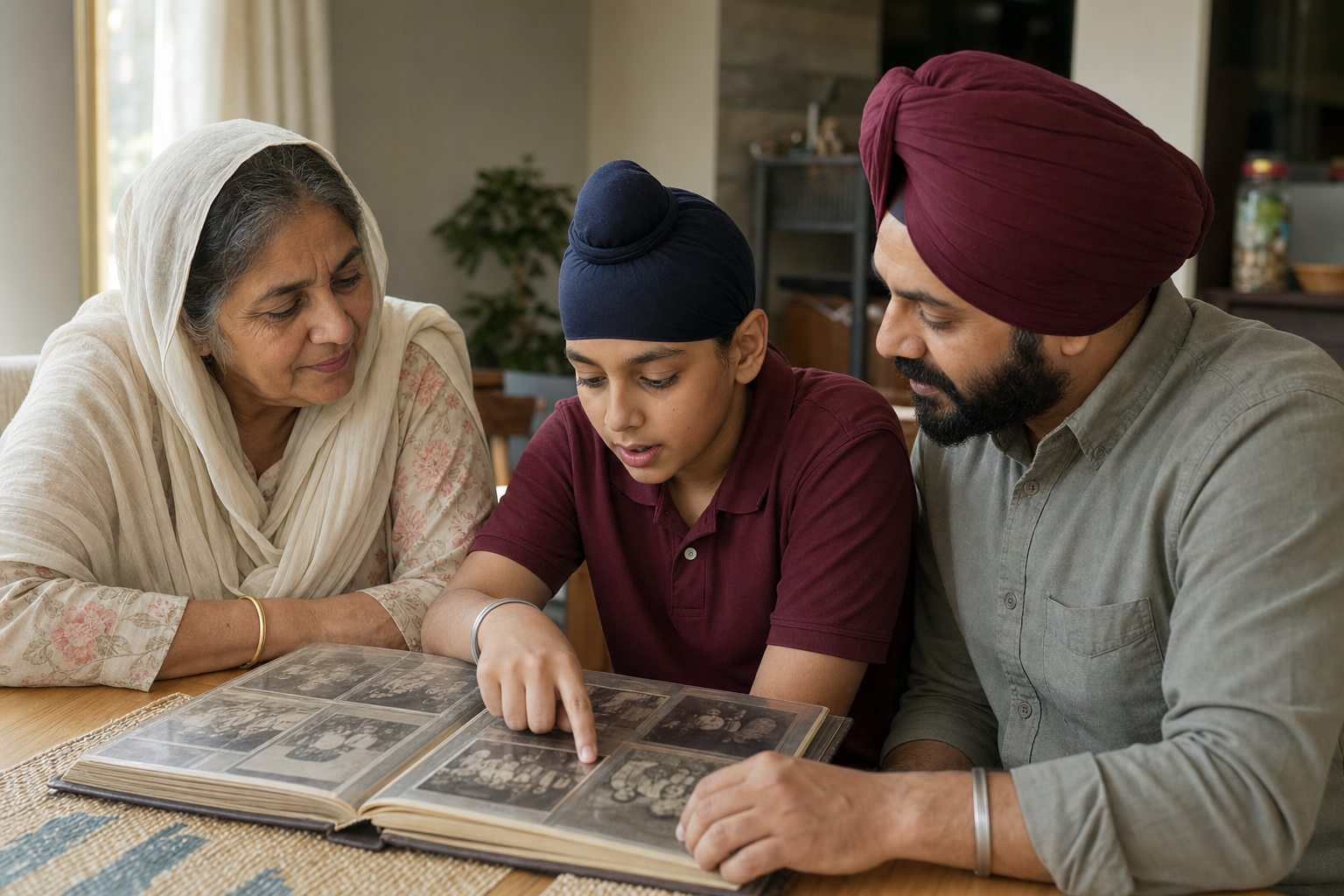A Sikh grandmother, parent, and preteen child discuss an old family photo album together at a dining table.
