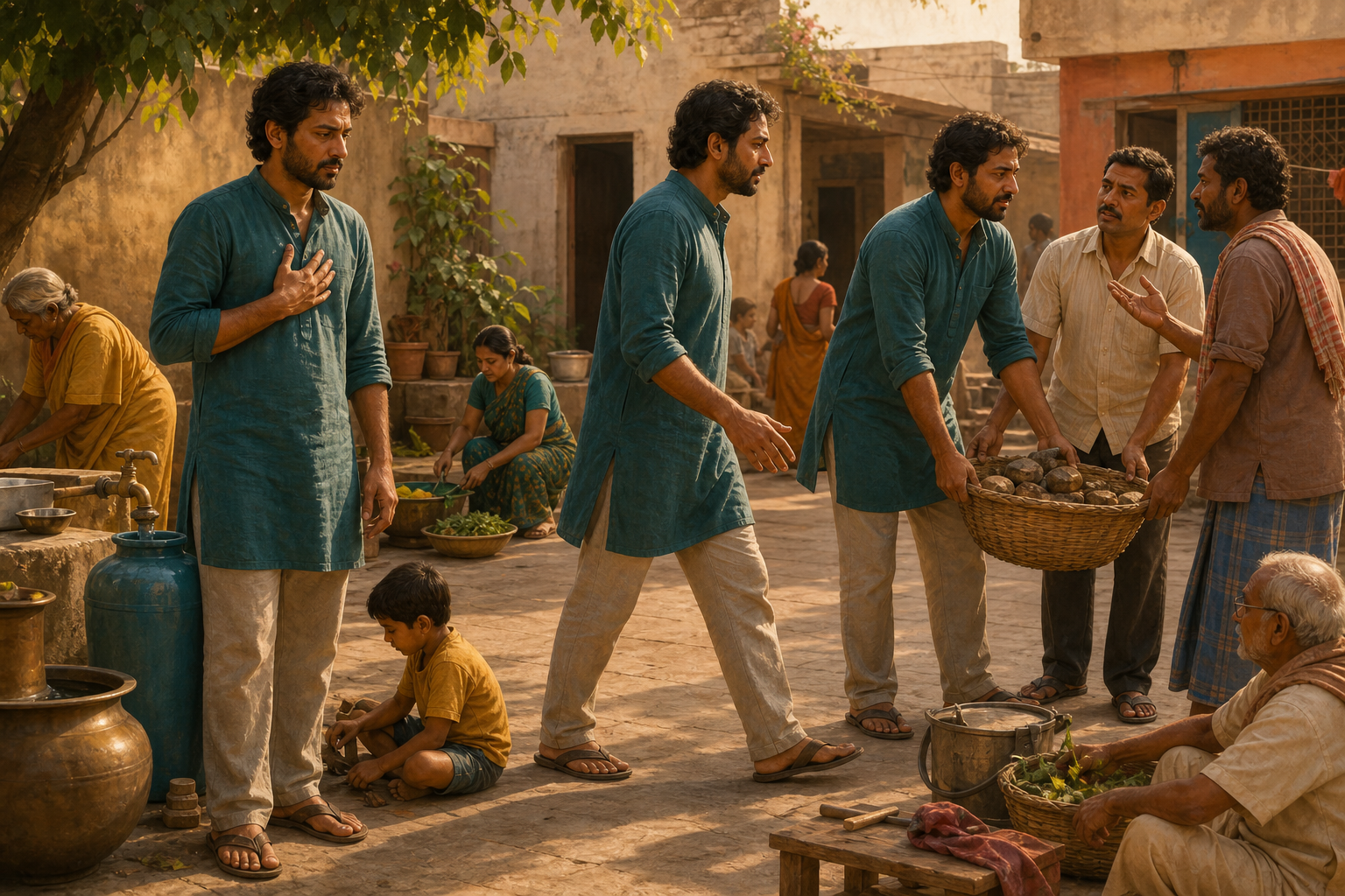 A person pauses mindfully in a community courtyard before helping neighbors carry a basket and settle a disagreement.