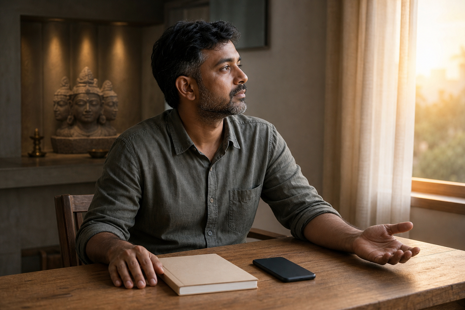 A person pauses at a wooden desk beside a face-down phone while looking toward dawn light, with a small five-faced Shiva image in the background.