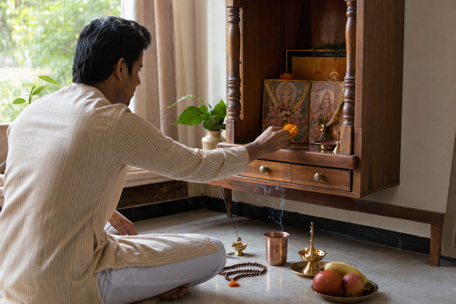 A seated householder places a flower at a small altar beside water, incense, a lamp, prayer beads and fruit prepared for daily puja.
