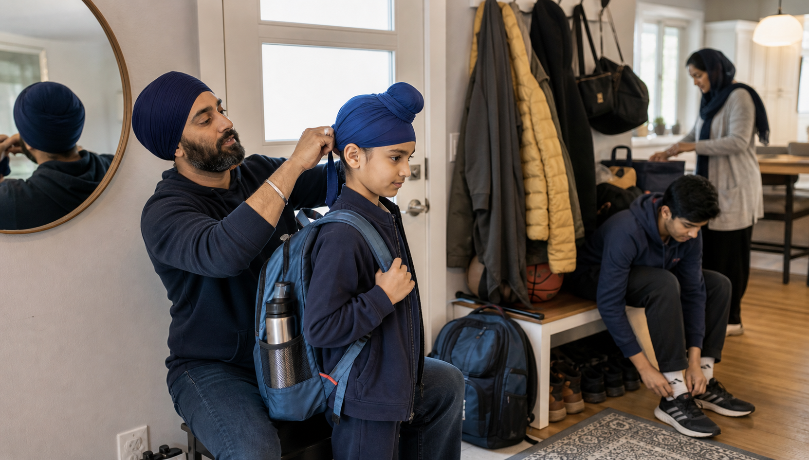A Sikh parent ties a child's blue patka in the entryway while siblings prepare to leave for school.