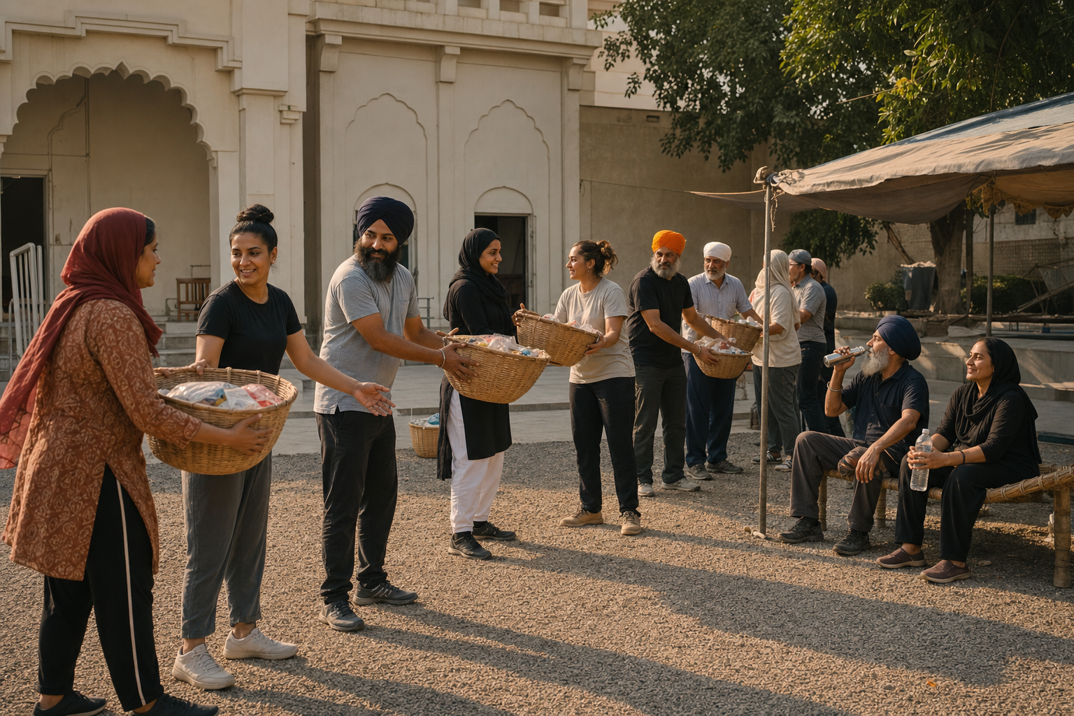 An intergenerational group of volunteers passes supply baskets in a chain while two teammates rest and drink water nearby.