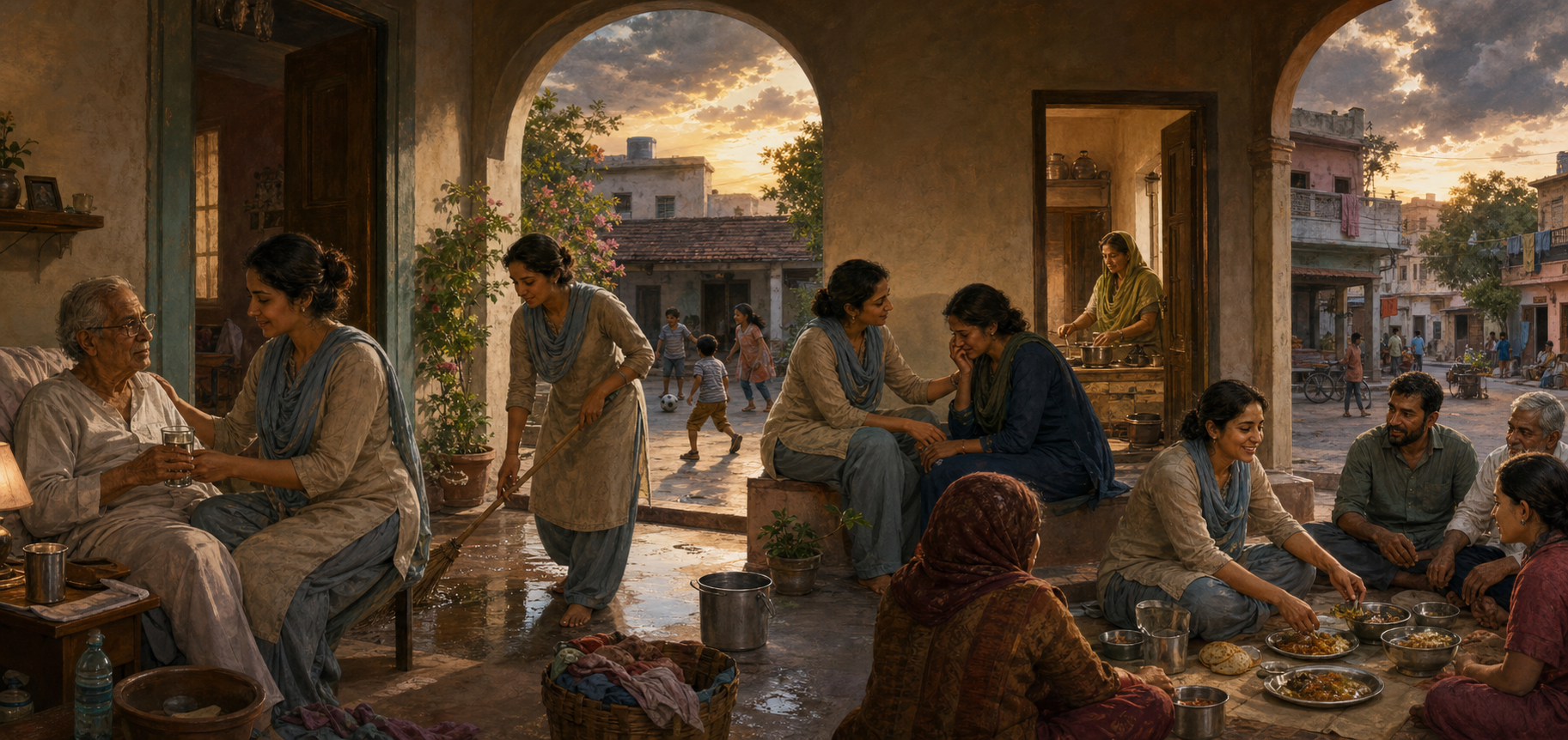 A calm adult cares for an elder, listens to a friend, works, and shares food in a connected household and neighborhood scene.