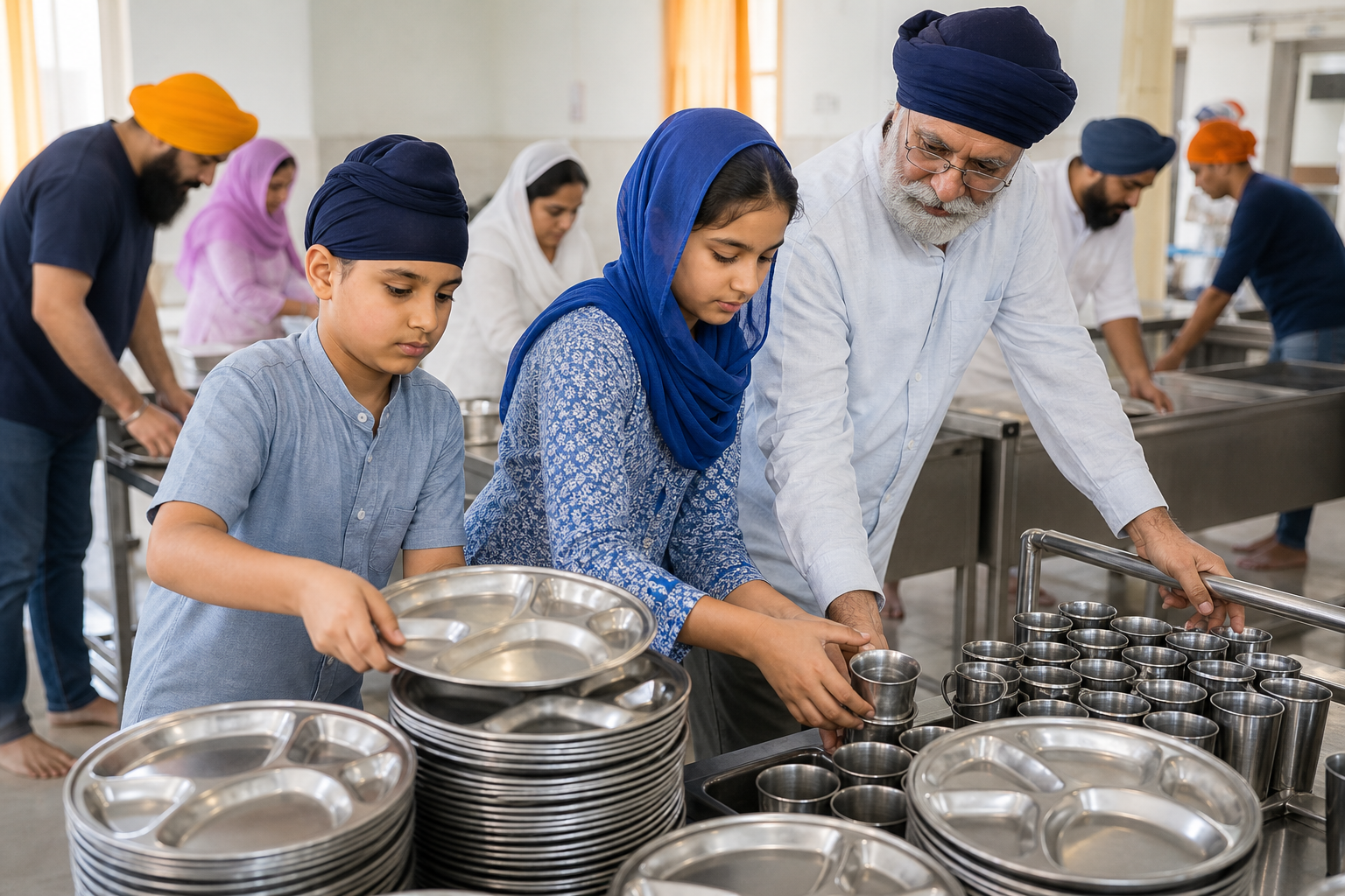 Two Sikh children stack clean steel plates while volunteering with adults in a gurdwara langar hall.