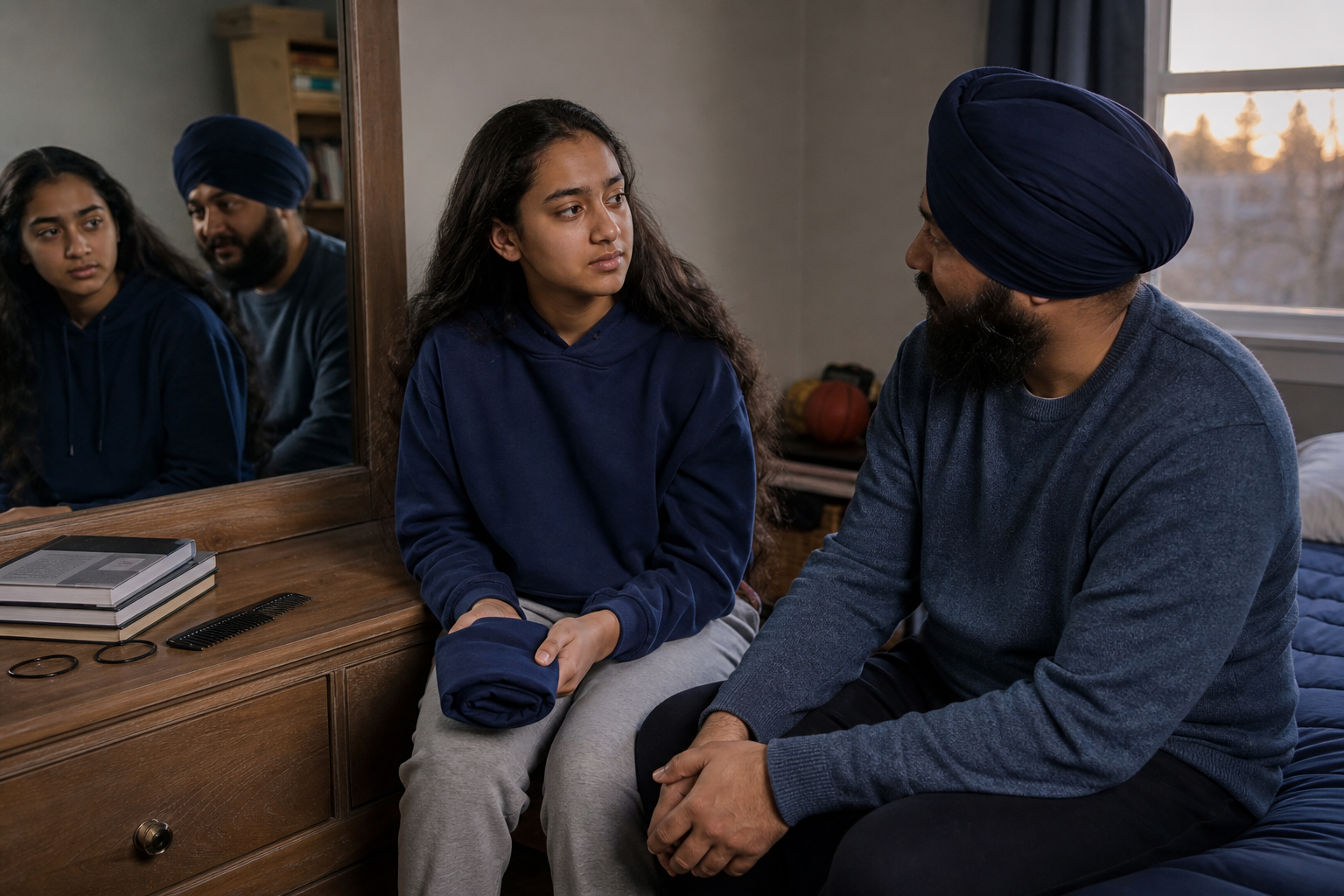 A turbaned Sikh parent listens to a teenager with long uncut hair holding a folded head covering in a bedroom.