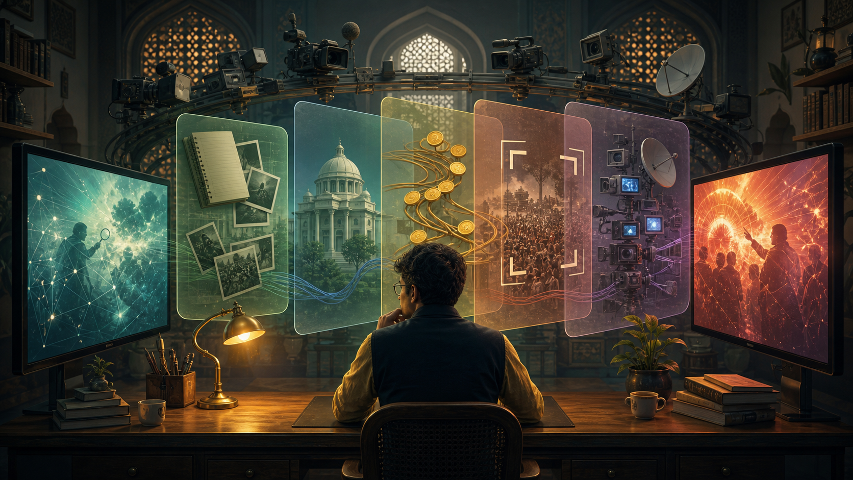A reader at a desk studies two opposing media screens while translucent layers reveal evidence, institutions, funding, framing and amplification around them.