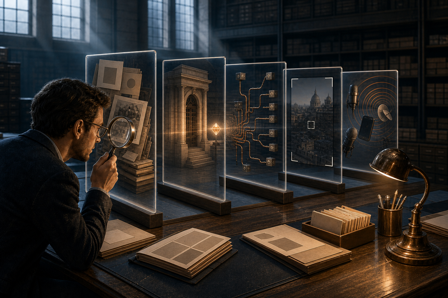 A researcher examines a glowing crystal through five transparent frames symbolizing sources, institutions, funding, framing and amplification.