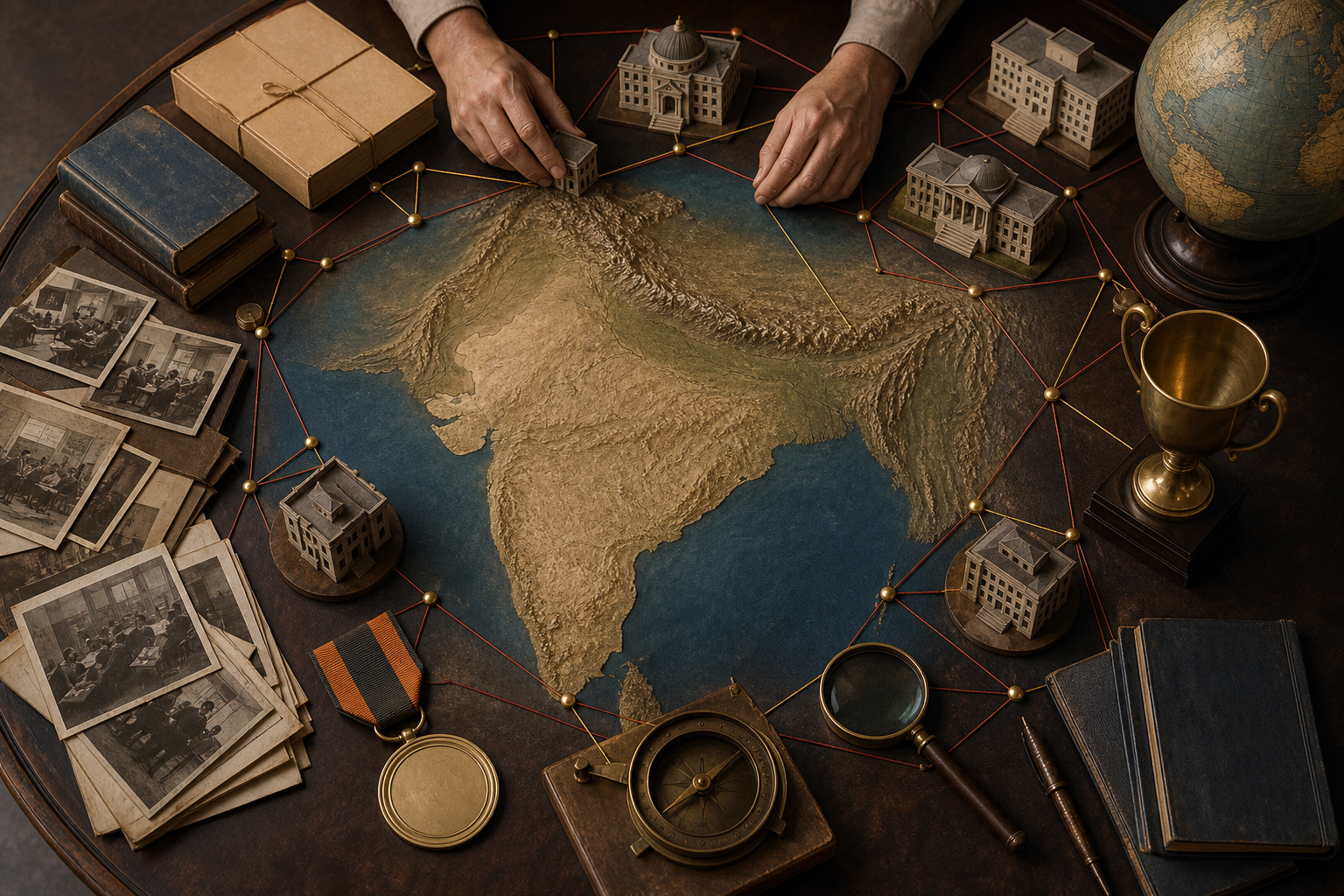 A scholar arranges an unmarked medal, trophy, archives and institutional models around a relief map of the Indian subcontinent.