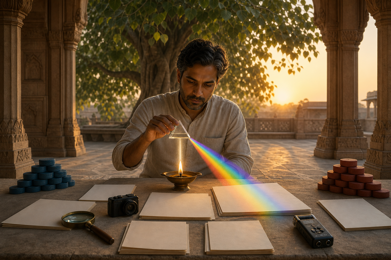 A reader in an Indian courtyard uses a prism and lamp to examine blank documents while two contrasting stacks of tokens remain to either side.