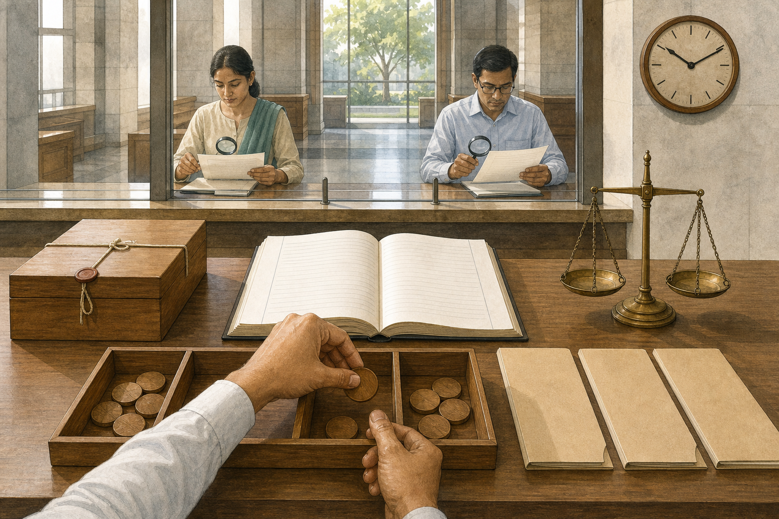 Hands place a wooden decision token into an organized tray beside a blank ledger, records box, balance scale, clock, and review folders.