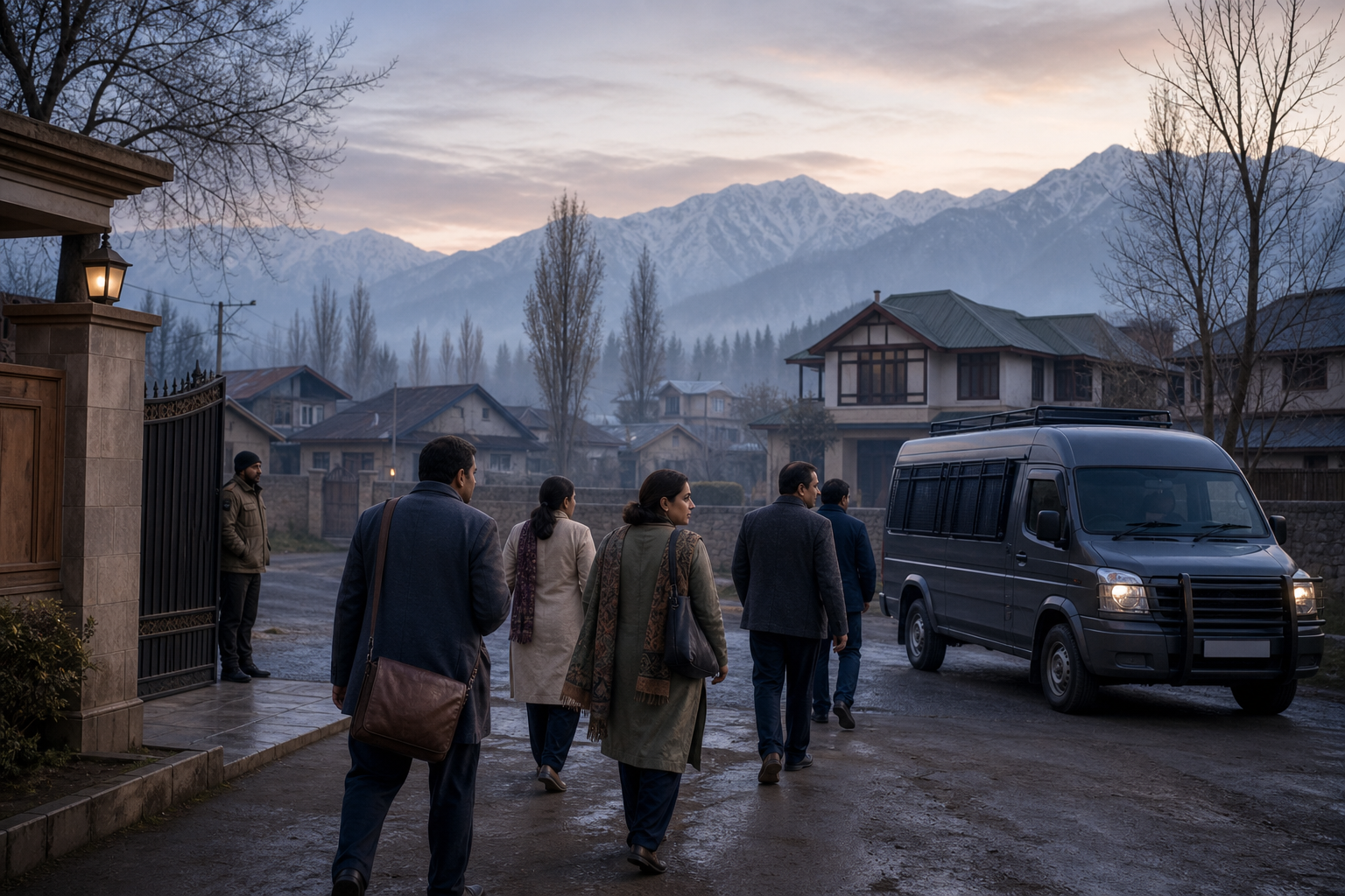 Kashmiri government employees walk from a residential compound toward a secure commuter vehicle at dawn while a guard watches the street.