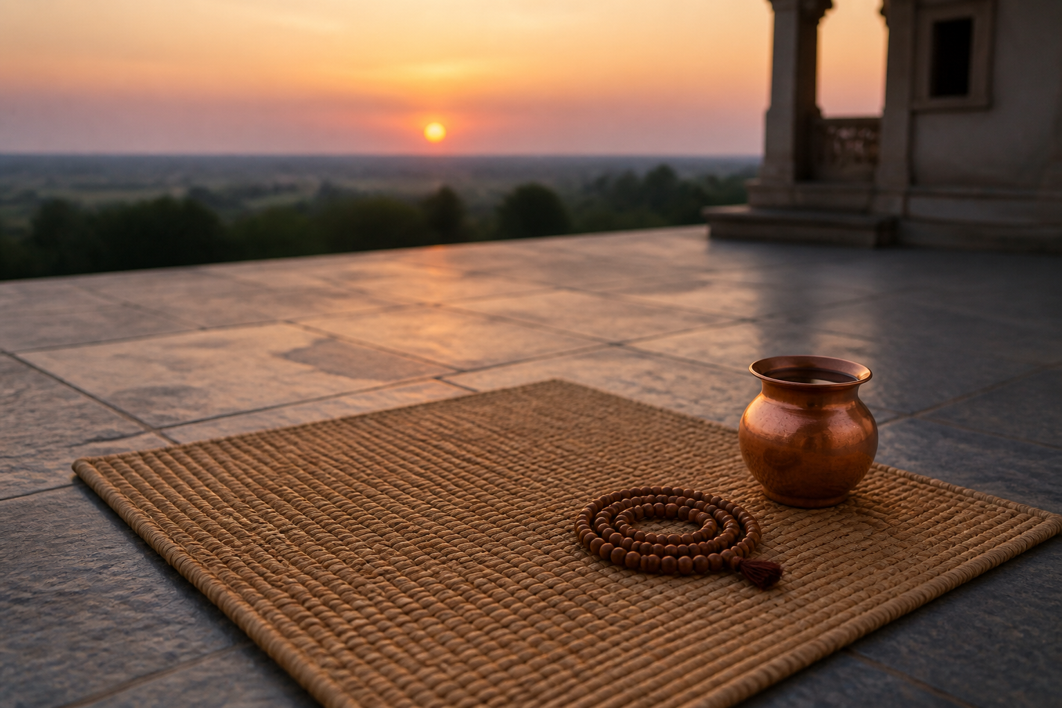 A wooden japa mala and a copper vessel of water are prepared beside a clean sitting mat on a veranda at dusk.
