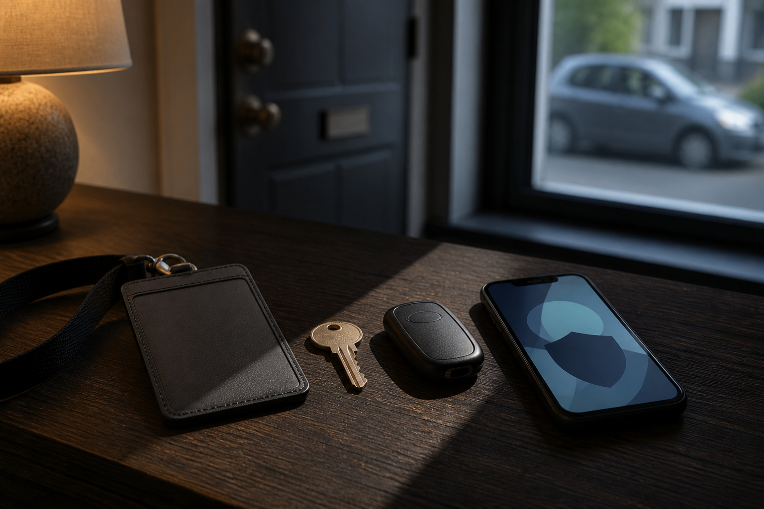 A face-down employee badge, house key, vehicle key fob, and phone sit on a table near an apartment door and parked car.