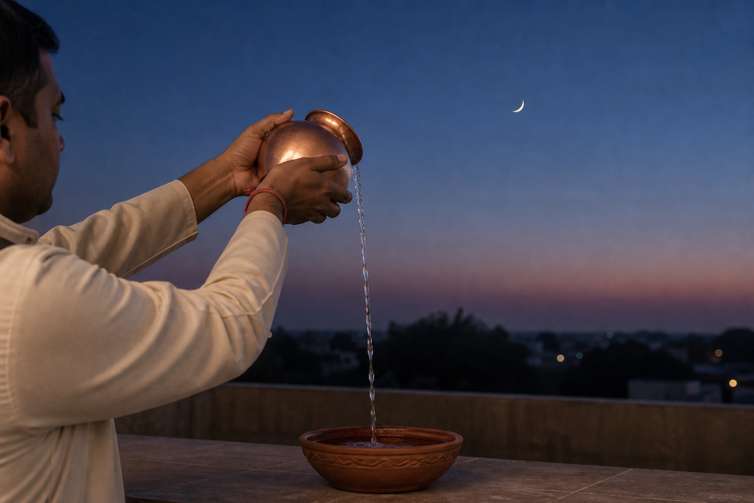 A practitioner pours water from a copper vessel into an earthen bowl while a slender crescent moon is visible at twilight.