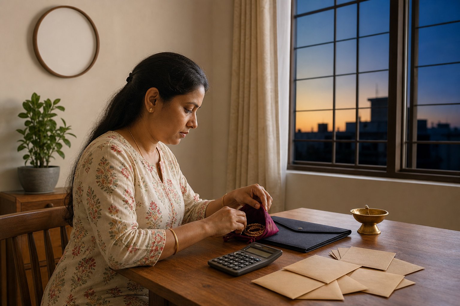 A person organizes a jewelry pouch, calculator, document folder, and budget envelopes at a table before lighting a diya.