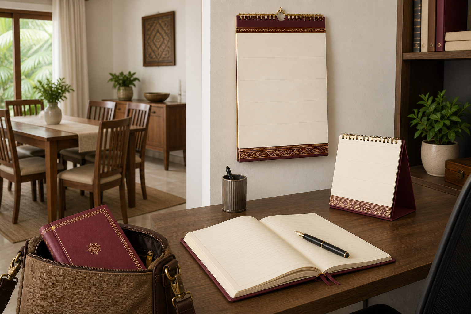 A wall calendar in a dining area, a table-top calendar on a desk, a large diary with a pen, and a compact diary in a shoulder bag.