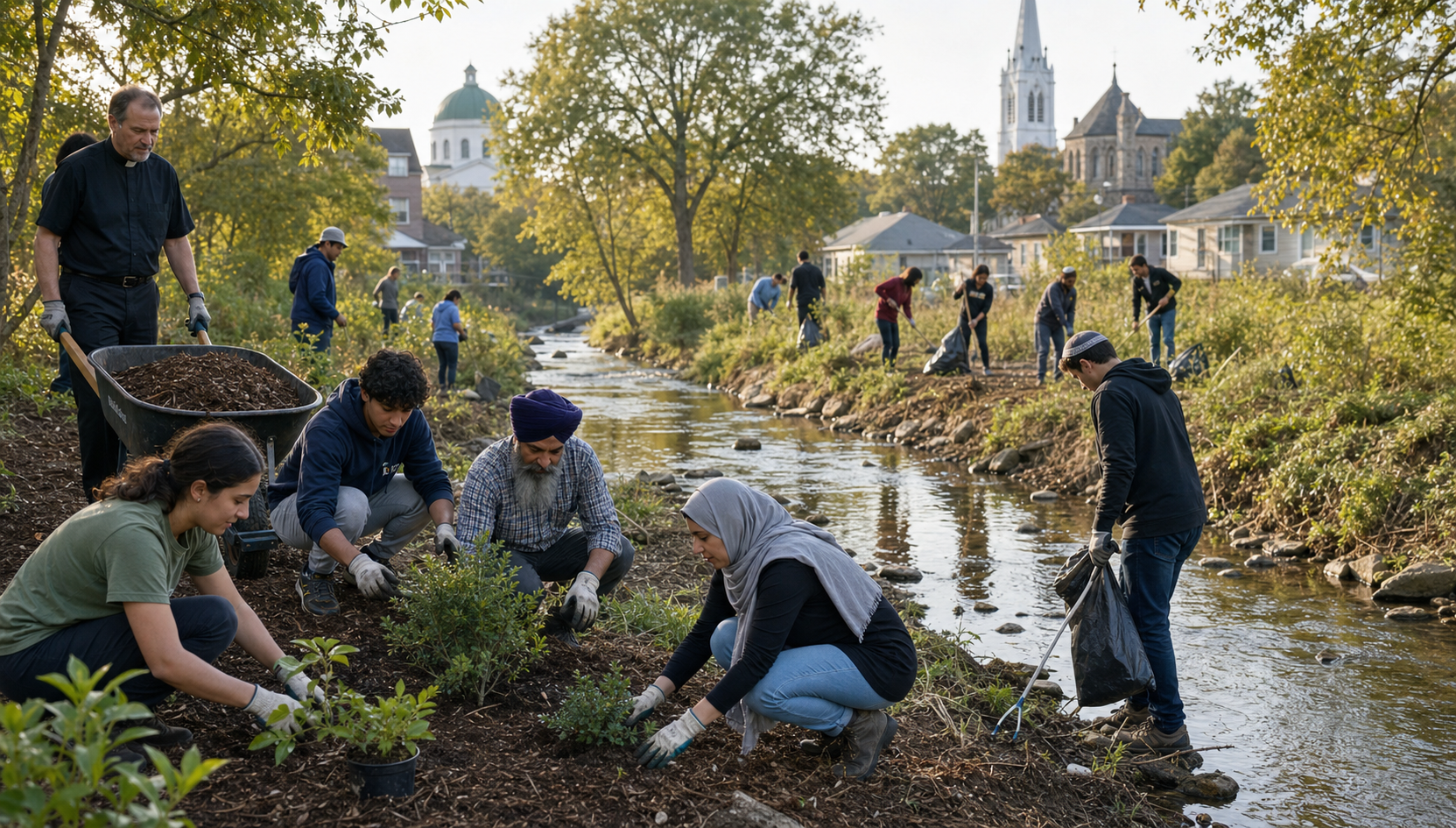 People from several faith communities plant shrubs, collect litter, and spread mulch together beside a neighborhood creek.