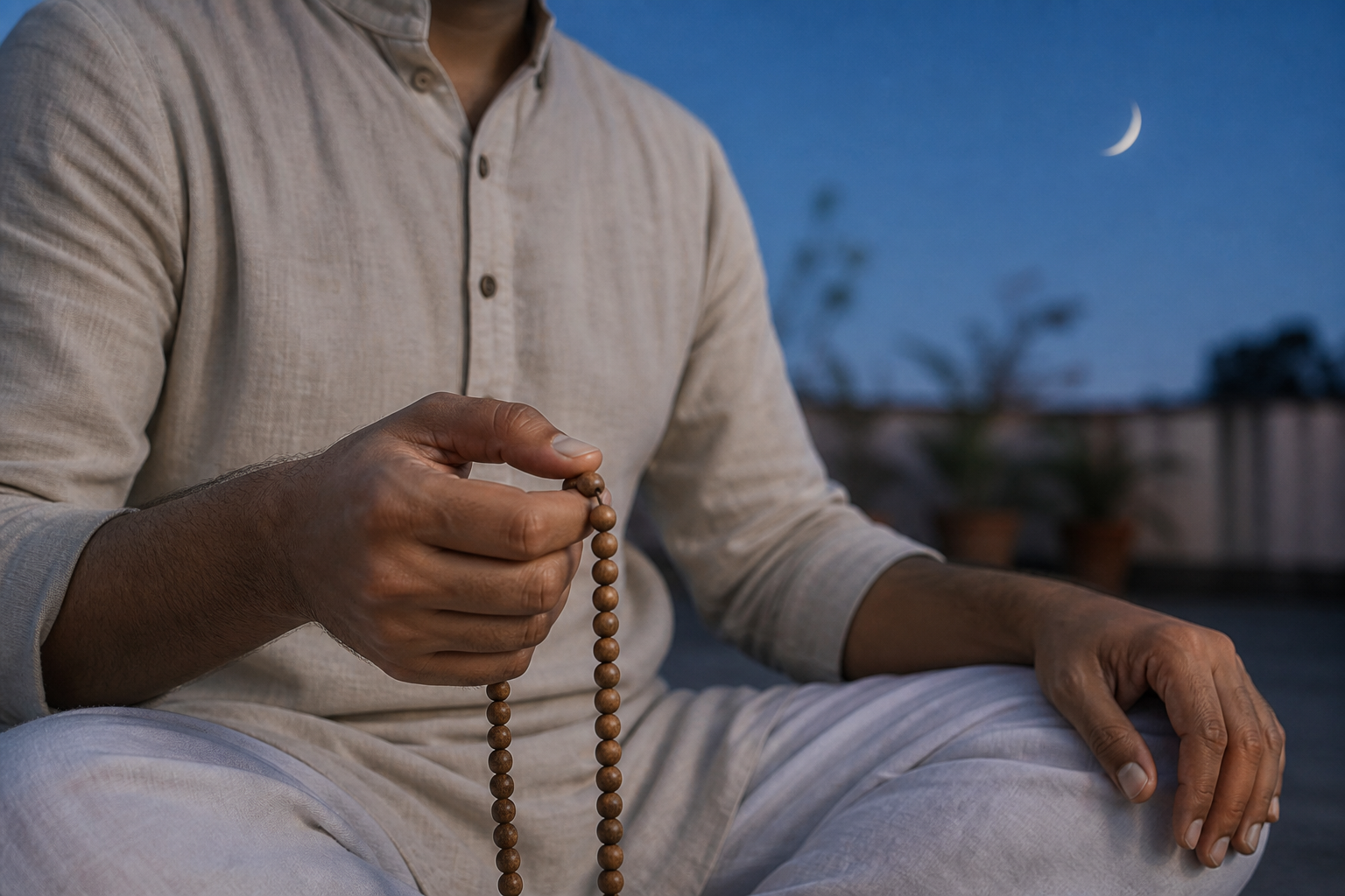 A seated practitioner calmly moves one wooden mala bead between the fingers with a crescent moon blurred in the background.