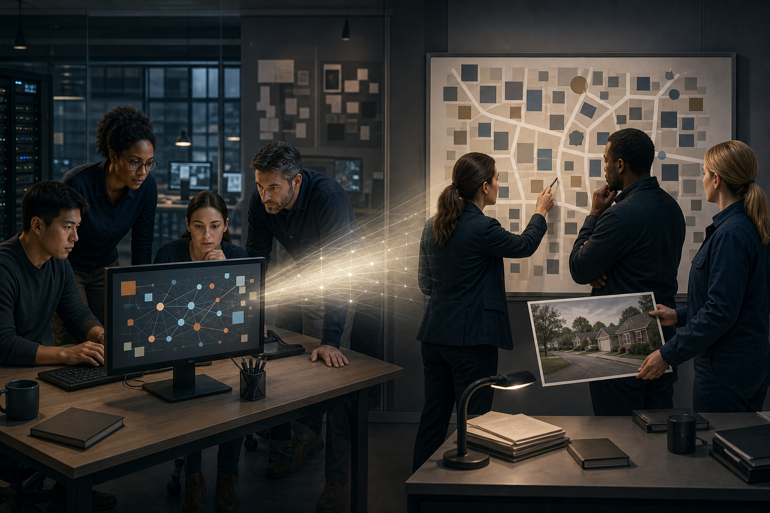 Digital-forensics specialists and field investigators work on separate but connected sides of the same operations room.
