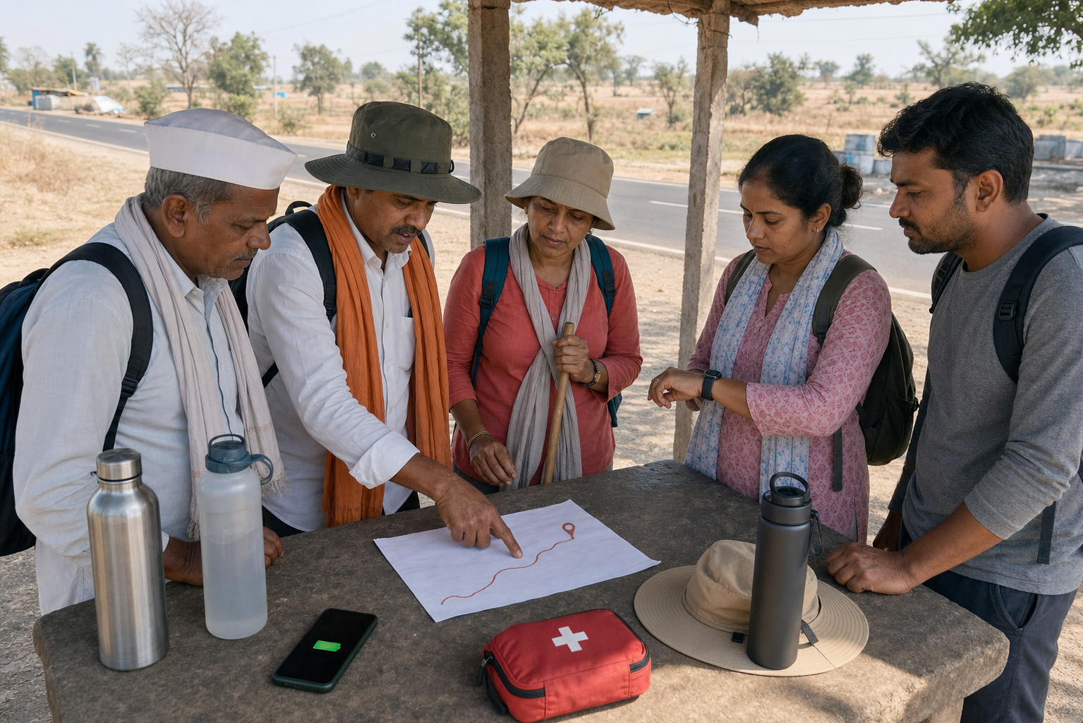 A pilgrimage group reviews an unlabeled route sketch beside water, a first-aid pouch, and a mobile phone.