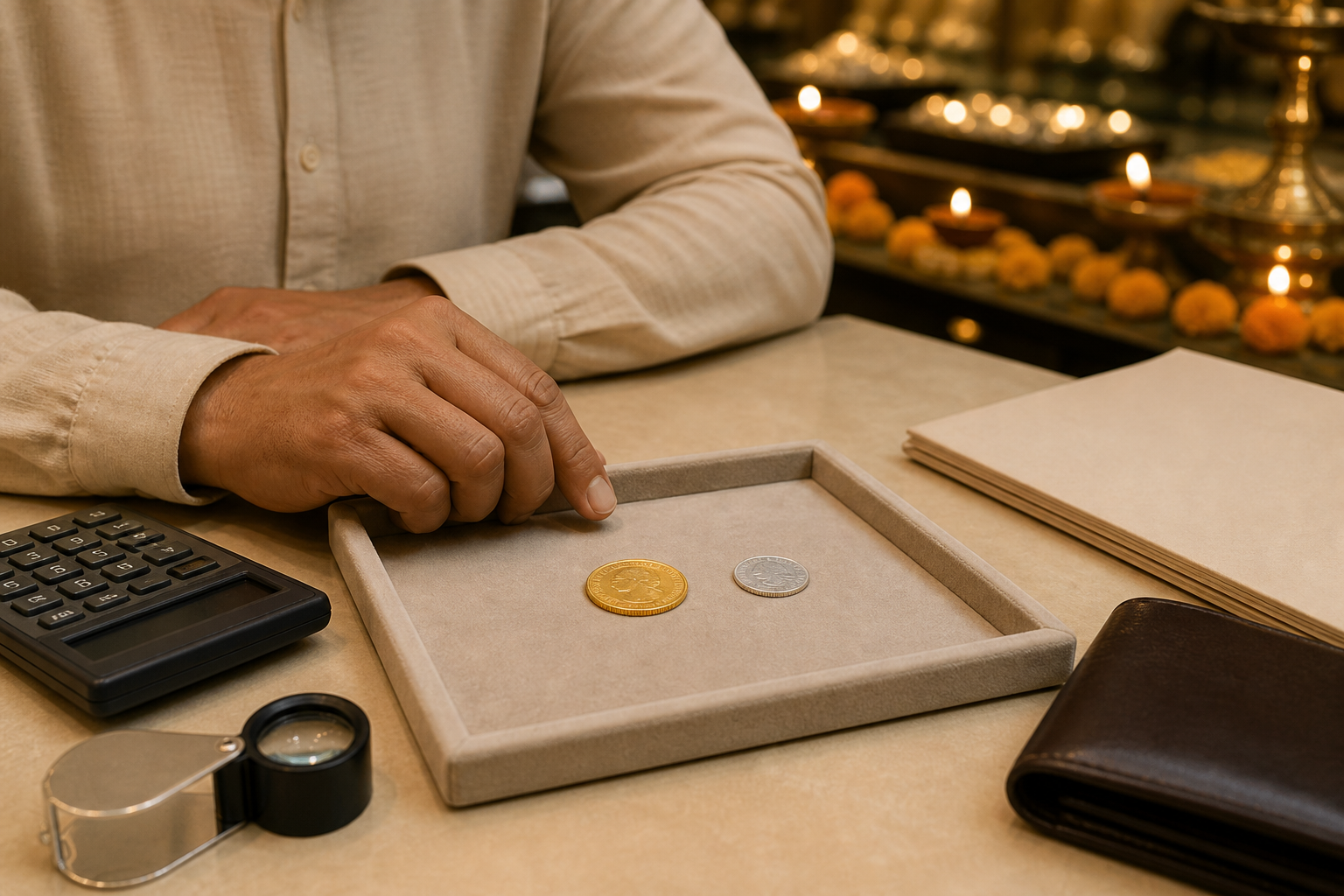 A shopper compares a gold coin and a silver coin on a tray beside a calculator, loupe, document folder, and closed wallet.