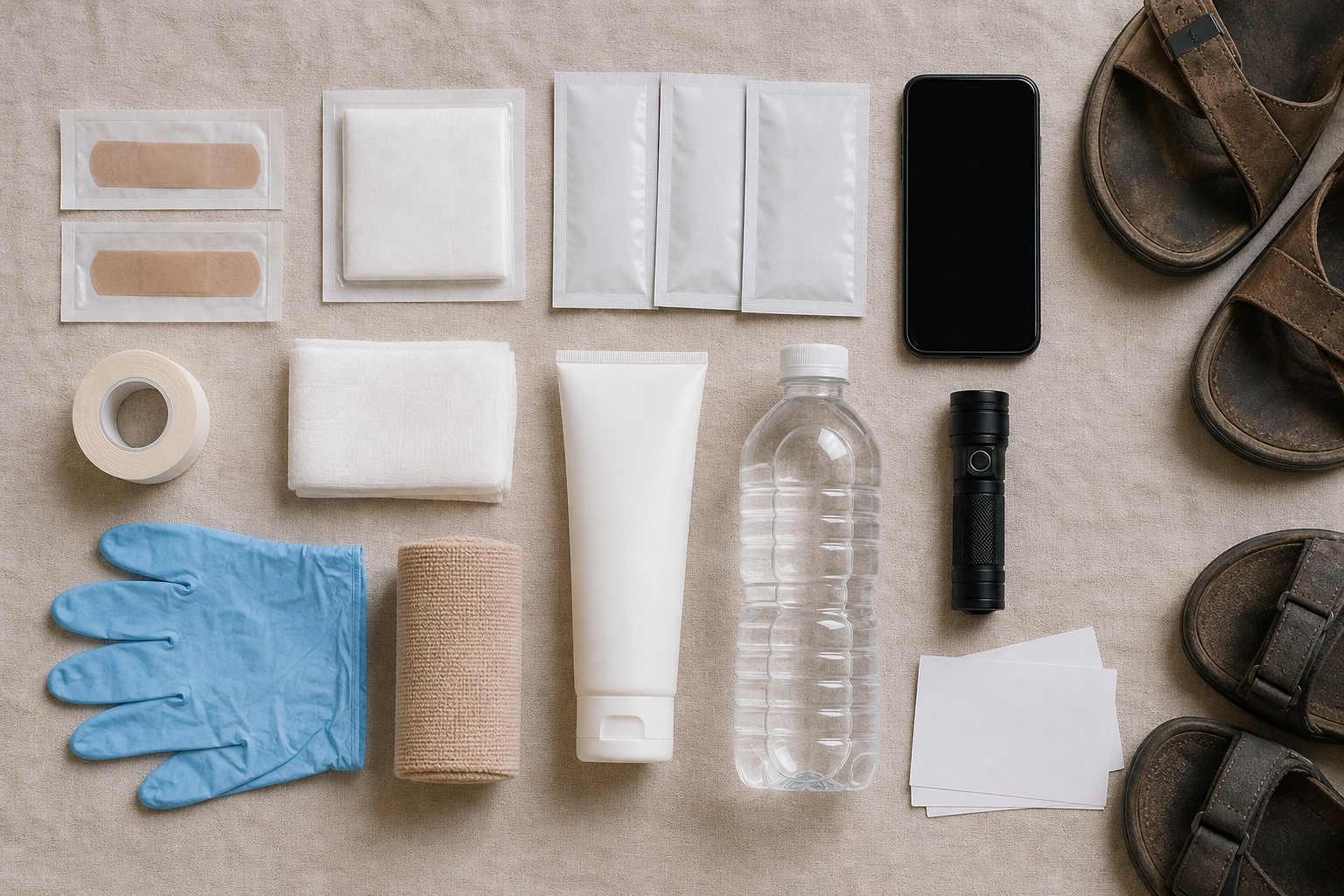 First-aid supplies, hydration items, a mobile phone, and walking sandals arranged as a pilgrimage safety kit.